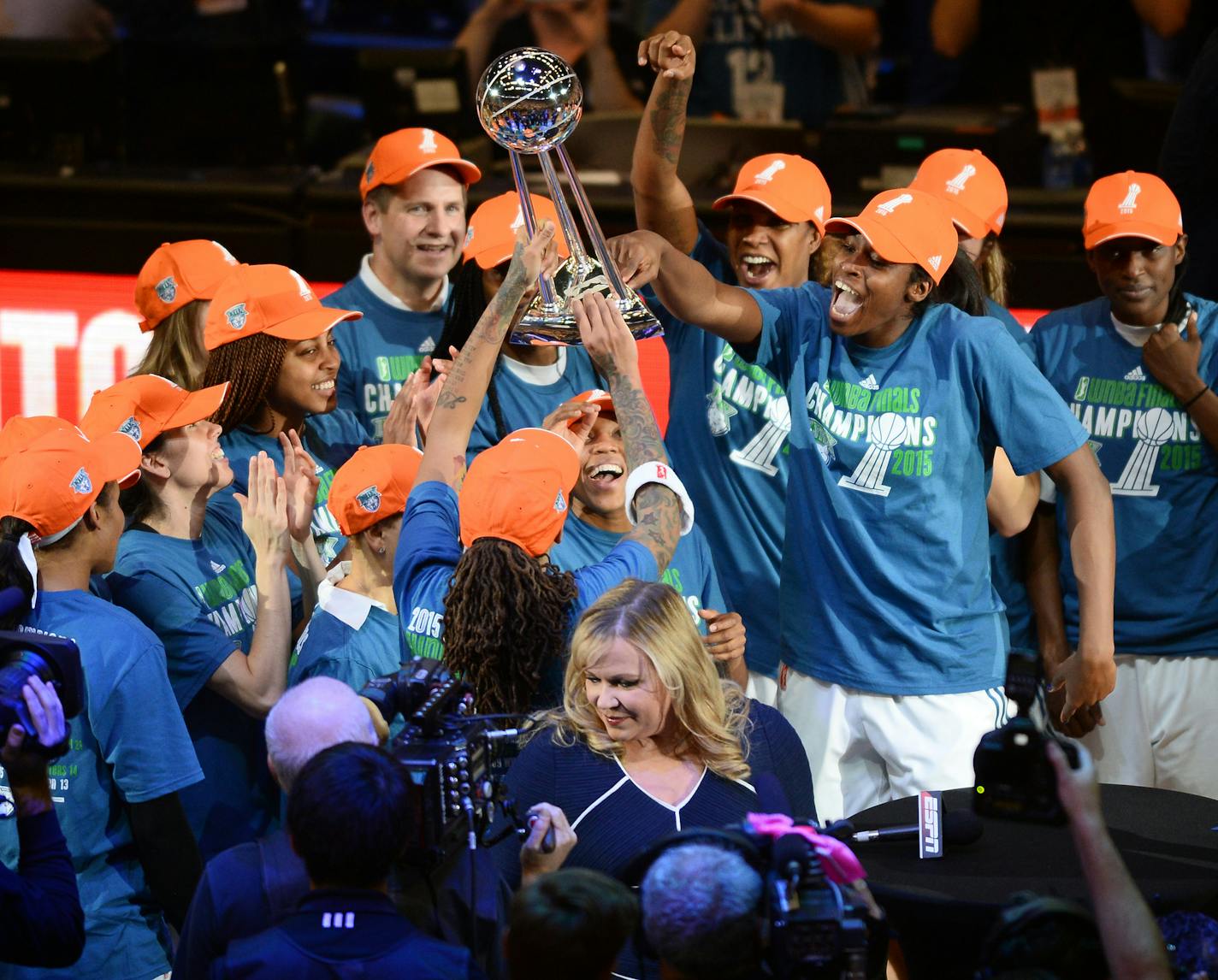 The Minnesota Lynx celebrated with their championship trophy after their 69-52 victory over the Indiana Fever in game 5 of the finals. ] (AARON LAVINSKY/STAR TRIBUNE) aaron.lavinsky@startribune.com Game 5 of the WNBA finals Lynx vs Indiana at the Target Center in Minneapolis, Min., Wednesday October 14, 2015.