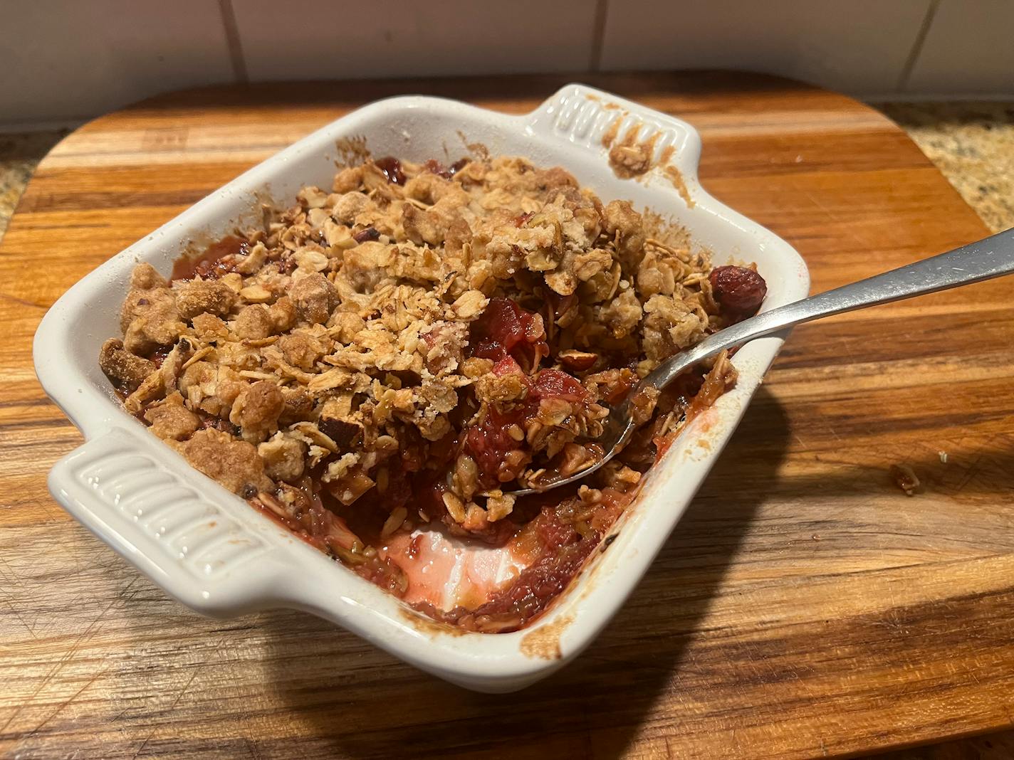 Brown butter and toasted oats give rhubarb crumble a flavorful twist. Recipe and photo by Beth Dooley.