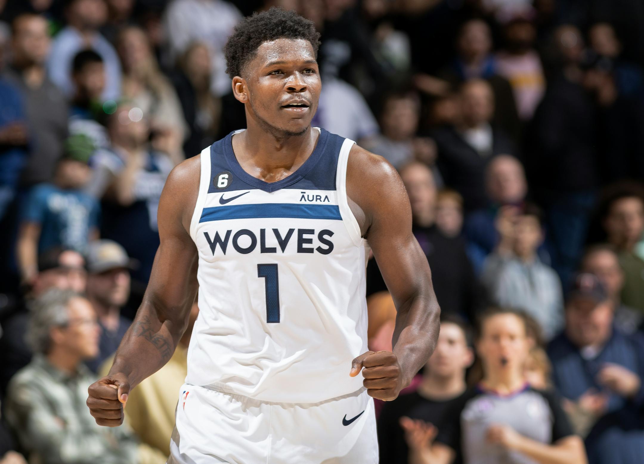 Anthony Edwards (1) of the Minnesota Timberwolves celebrates at the end of the game.