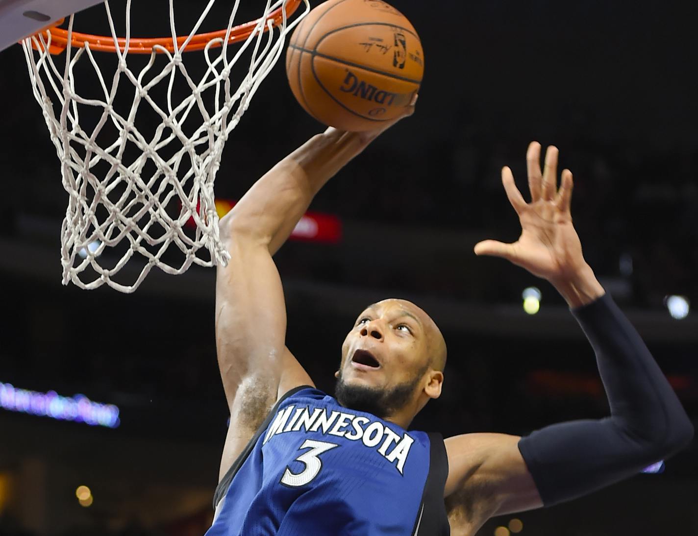 Minnesota Timberwolves forward Adreian Payne drives to the basket on a fast break in the second half of an NBA basketball game against the Los Angeles Clippers, Monday, March 9, 2015, in Los Angeles. The Clippers won 89-76. (AP Photo/Gus Ruelas)