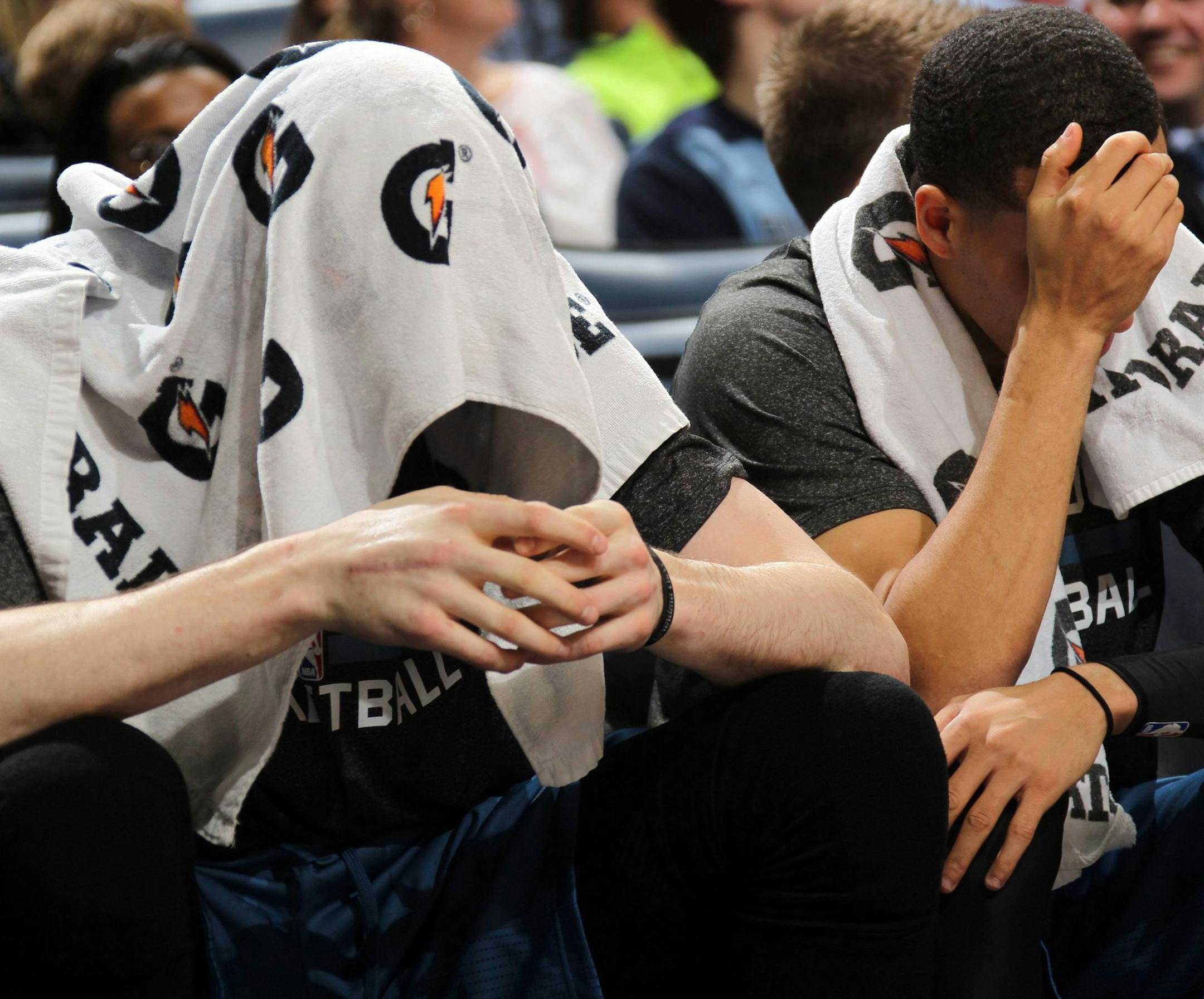 Minnesota Timberwolves forward Kevin Love, left, and Kevin Martin reacts during the fourth quarter at the FedExForum in Memphis, Tenn., on Monday, March 24, 2014. (Nikki Boertman/The Commercial Appeal/MCT)