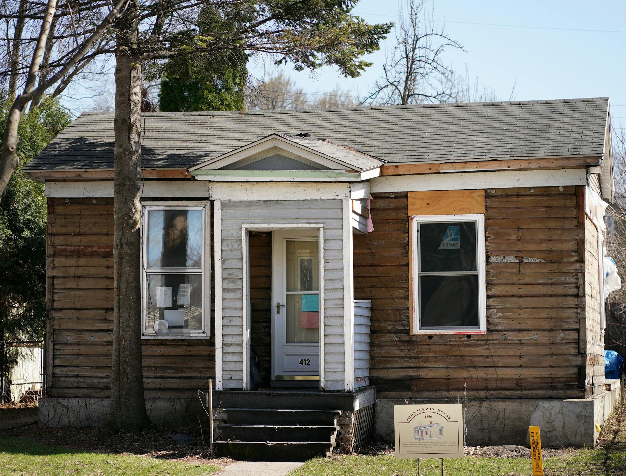 The John Lewis House, built in 1856 two years before Minnesota statehood, sat in disrepair Tuesday in St. Paul. ] ANTHONY SOUFFLE • anthony.souffle@startribune.com Preservationists and neighbors have for several years raised money and lobbied for the preservation of an 800-square foot, single-story house in the city's West Seventh neighborhood. Just about everybody out there wants to see 412 Goodrich Ave., also known as the John Lewis House, become a home again. City officials hope on Tue