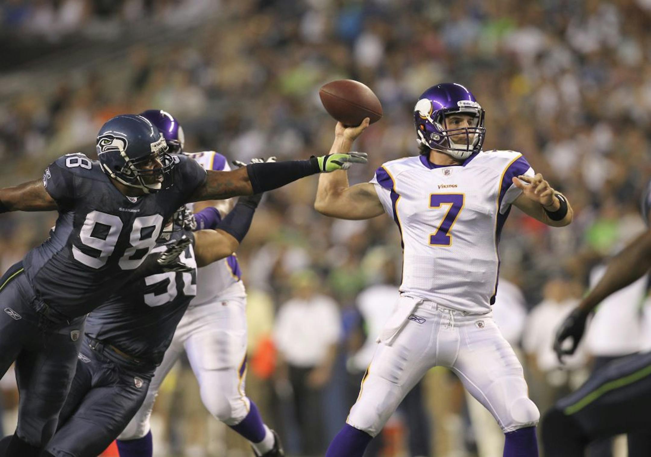 Playing with the second-team offense against Seattle on Saturday, rookie quarterback Christian Ponder completed six of 12 passes for 63 yards during a stint that began in the second quarter and ended after the third.