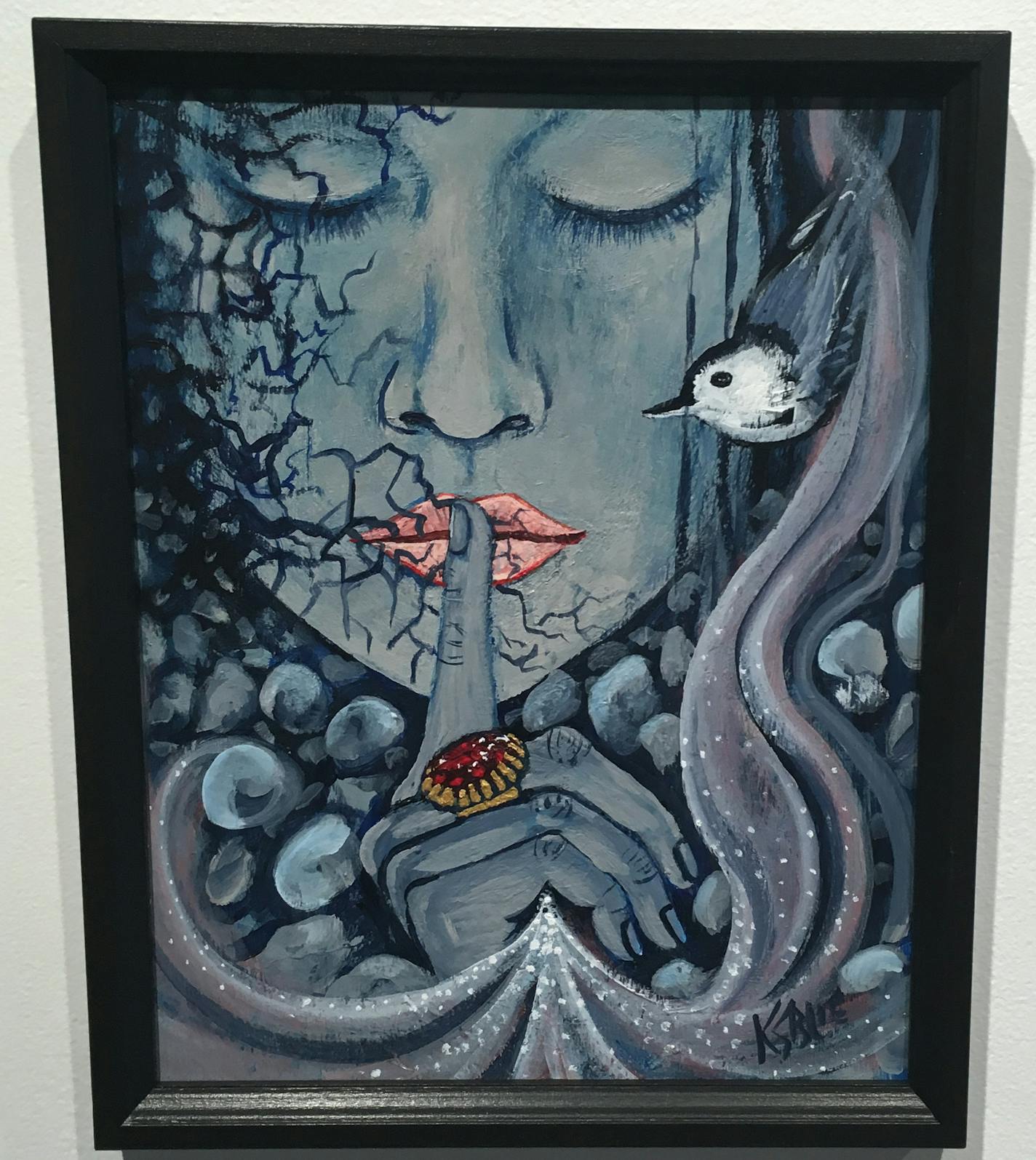 "Secrets of the Nuthatch" by Karen Savage-Blue from "Bring Her Home" show at All My Relations Gallery.