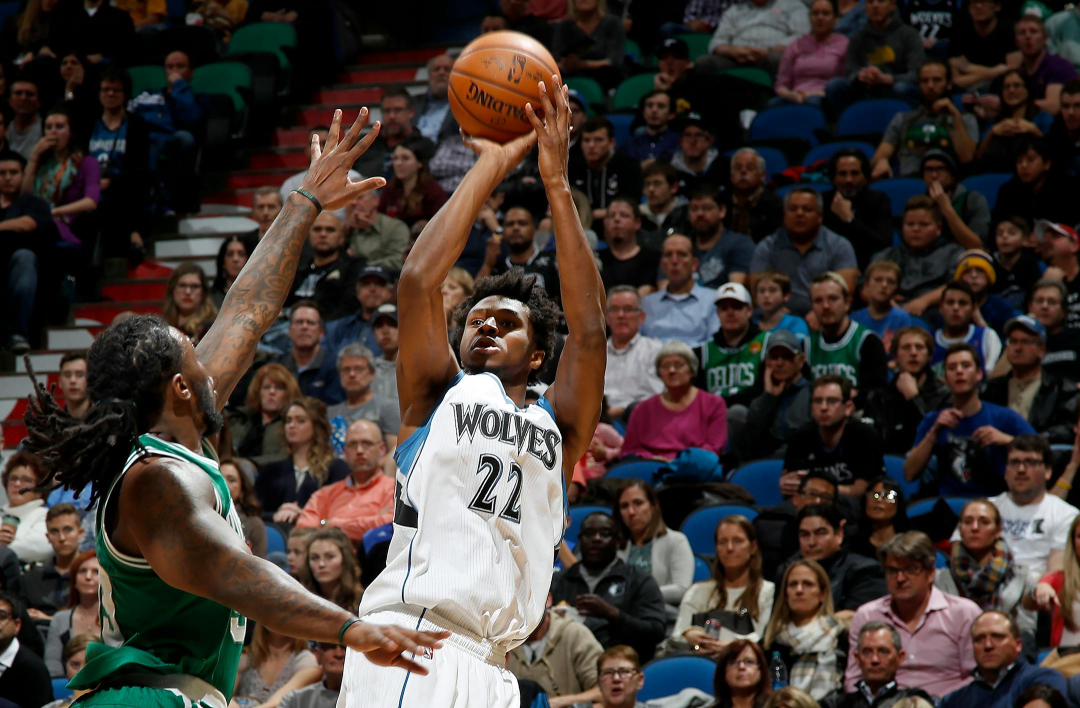 Once shooting about 63 percent from three-point range after the season's first seven games, the Wolves' Andrew Wiggins went 7-for-29 — that's 24.1 percent — and 0-for-8 on three-pointers in losses Saturday at Memphis and Monday at home against Boston. ] CARLOS GONZALEZ cgonzalez@startribune.com - November 21, 2016, Minneapolis, MN, Target Center, NBA, Minnesota Timberwolves vs. Boston Celtics