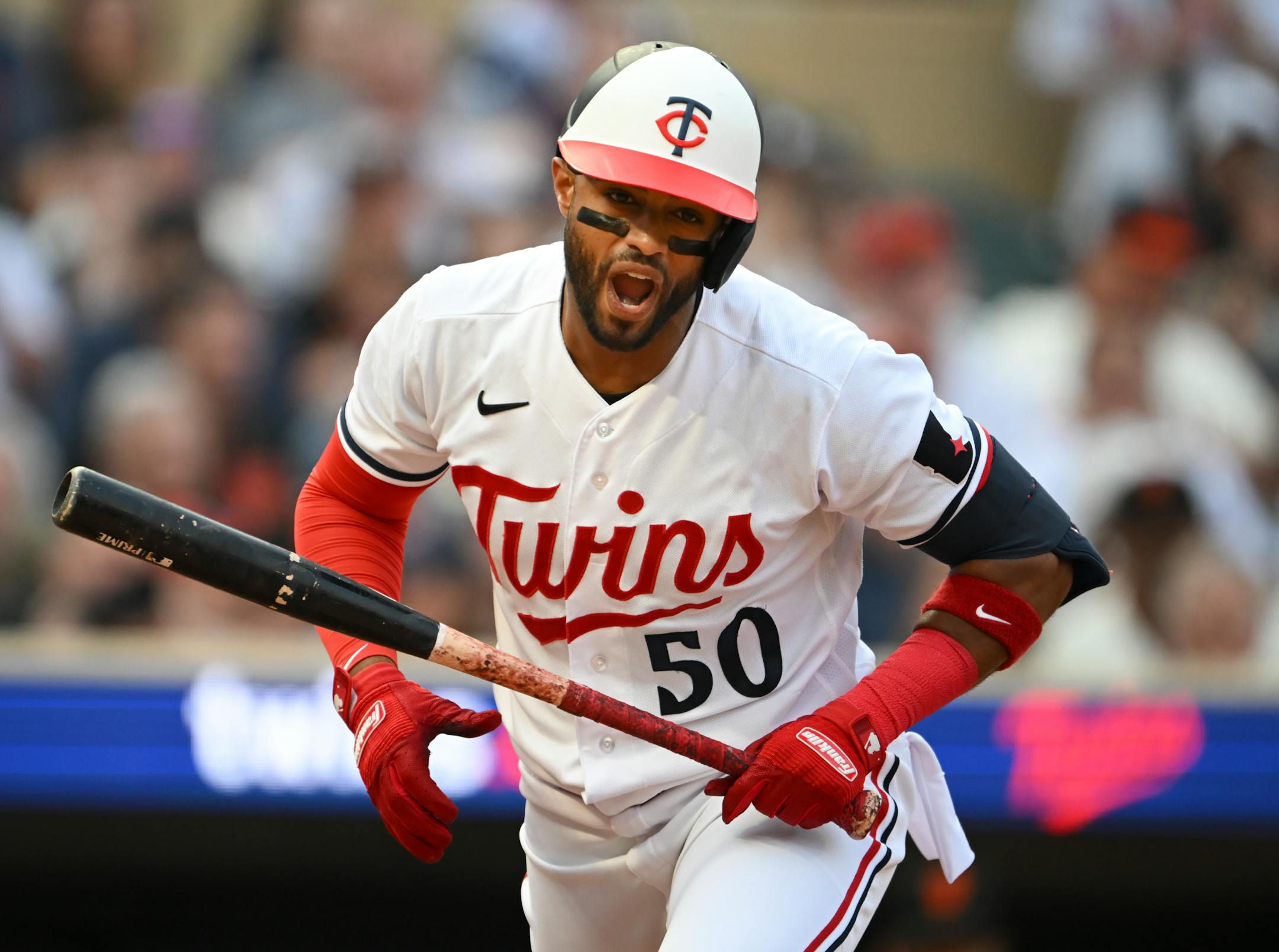 Minnesota Twins left fielder Willi Castro reacts after being struck out on a called strike to end the second inning.