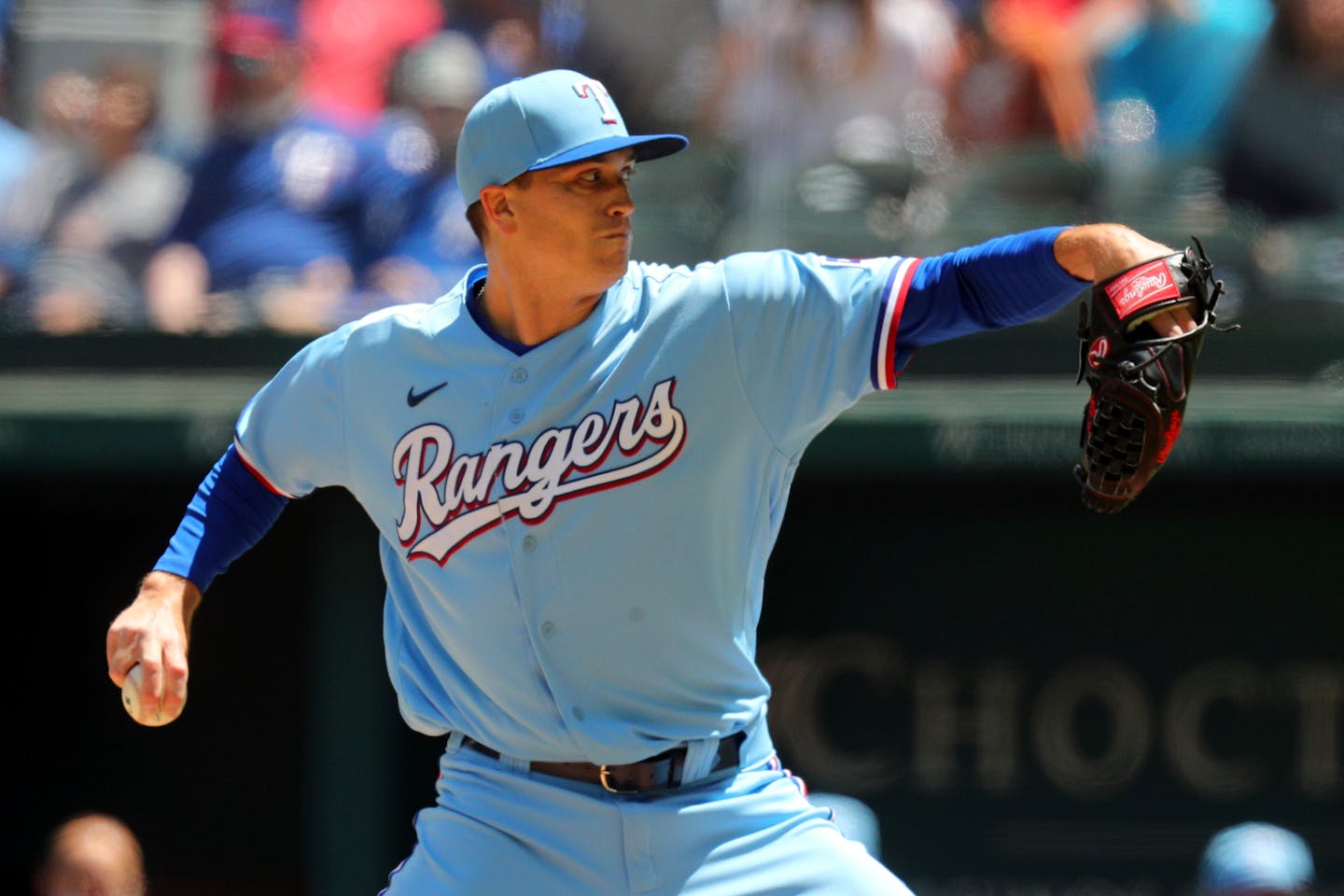 Texas Rangers starting pitcher Kyle Gibson (44) pitches against the Baltimore Orioles during a baseball game on Sunday, April 18, 2021, in Dallas. (AP Photo/Richard W. Rodriguez)