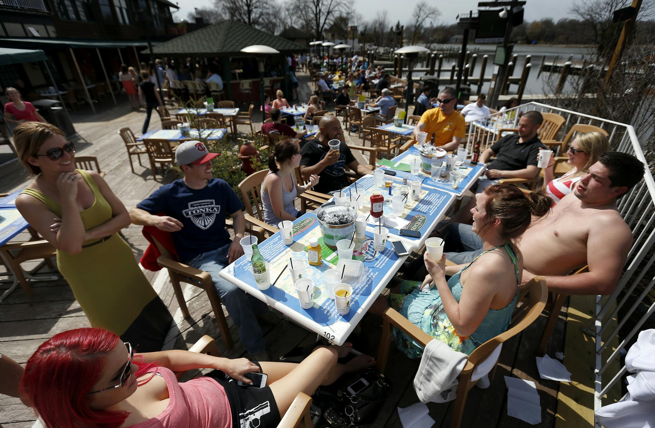 Patrons on the outdoor patio at Lord Fletcher's in Spring Park, Minn.