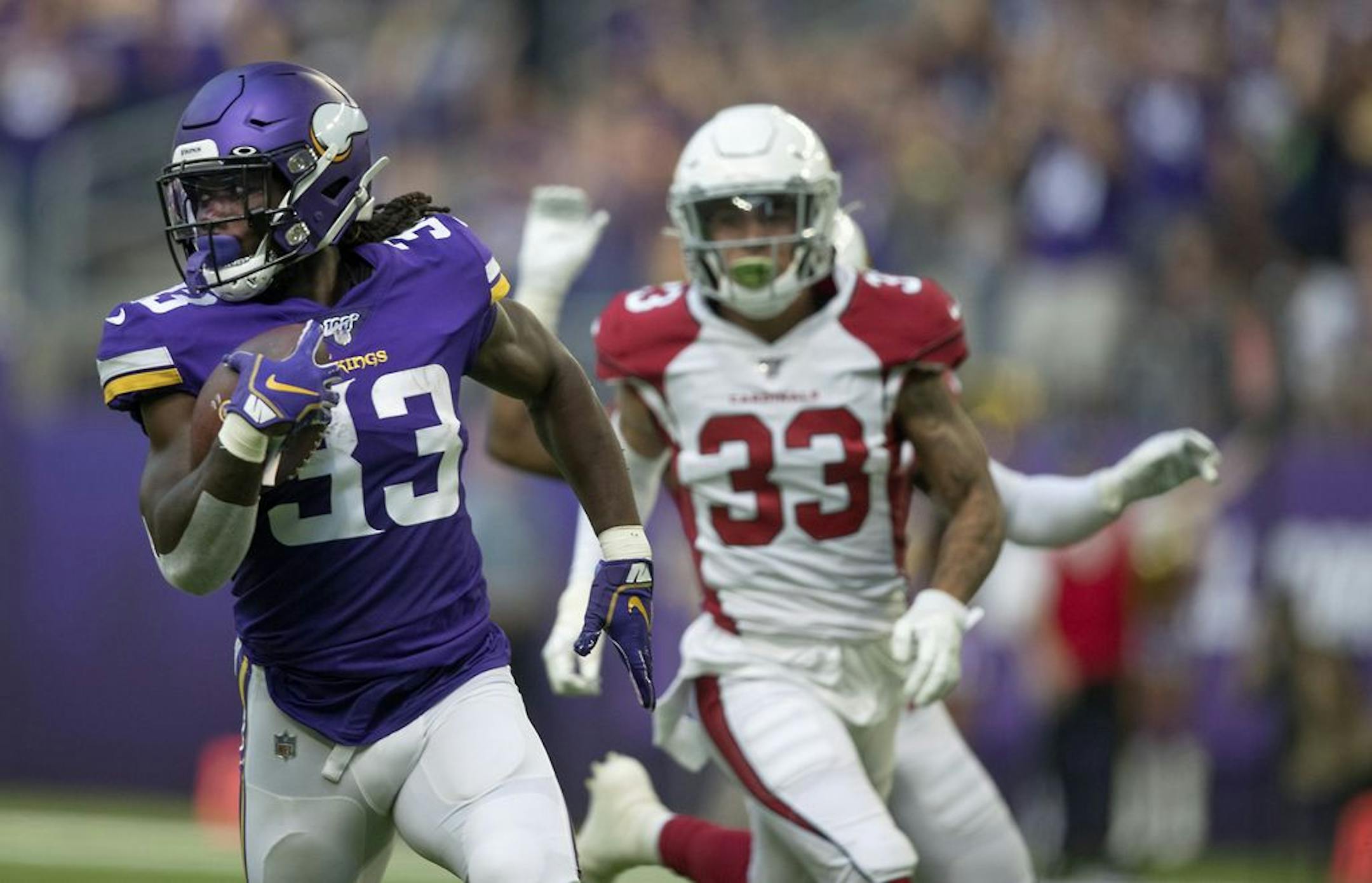 Minnesota Vikings running back Dalvin Cook broke away from the defense for an 85-yard touchdown in the first quarter as the Minnesota Vikings took on the Arizona Cardinals at US Bank Stadium, Saturday, August 24, 2019 in Minneapolis, MN.