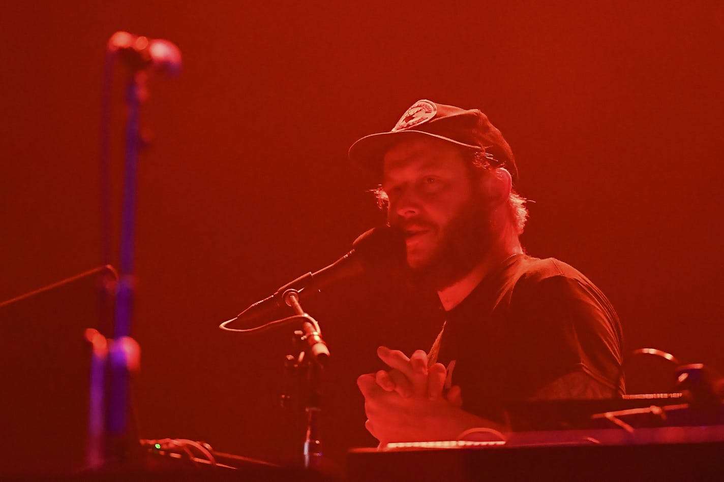 Justin Vernon spoke to the audience Saturday night during the PEOPLE Mix Tape set on the Lake Eaux Lune stage. ] AARON LAVINSKY &#xef; aaron.lavinsky@startribune.com Day two of the Eaux Claires Music & Art Festival was held Saturday, July 7, 2018 at Foster Farms in Eau Claire, Wisc. ORG XMIT: MIN1807080355512491