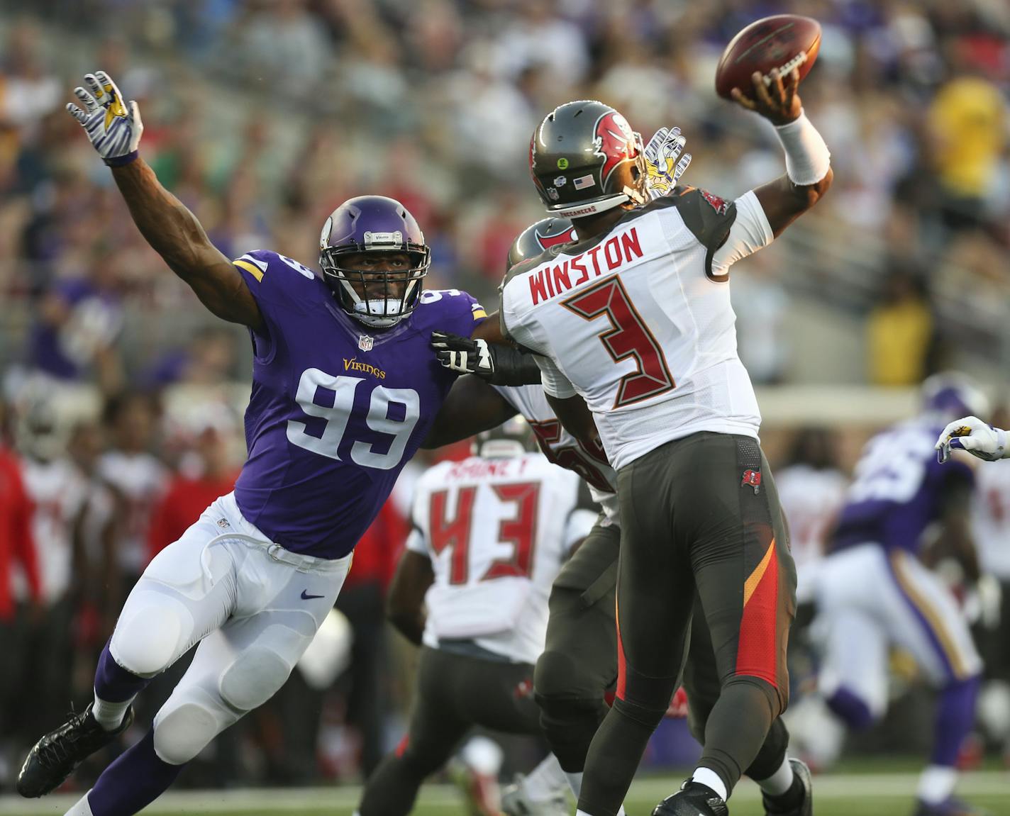 Vikings defensive end Danielle Hunter (99) rushed Buccaneers quarterback Jameis Winston (3) as he threw a second quarter pass at TCF Bank Stadium Saturday night. ] JEFF WHEELER &#xef; jeff.wheeler@startribune.com The Minnesota Vikings played their first home preseason game against the Tampa Bay Buccaneers Saturday night at TCF Bank Stadium in Minneapolis.