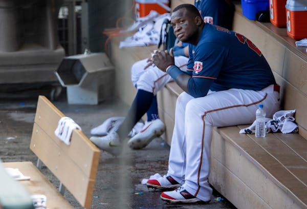 Minnesota Twins Miguel Sano on the dugout at the end of the game.