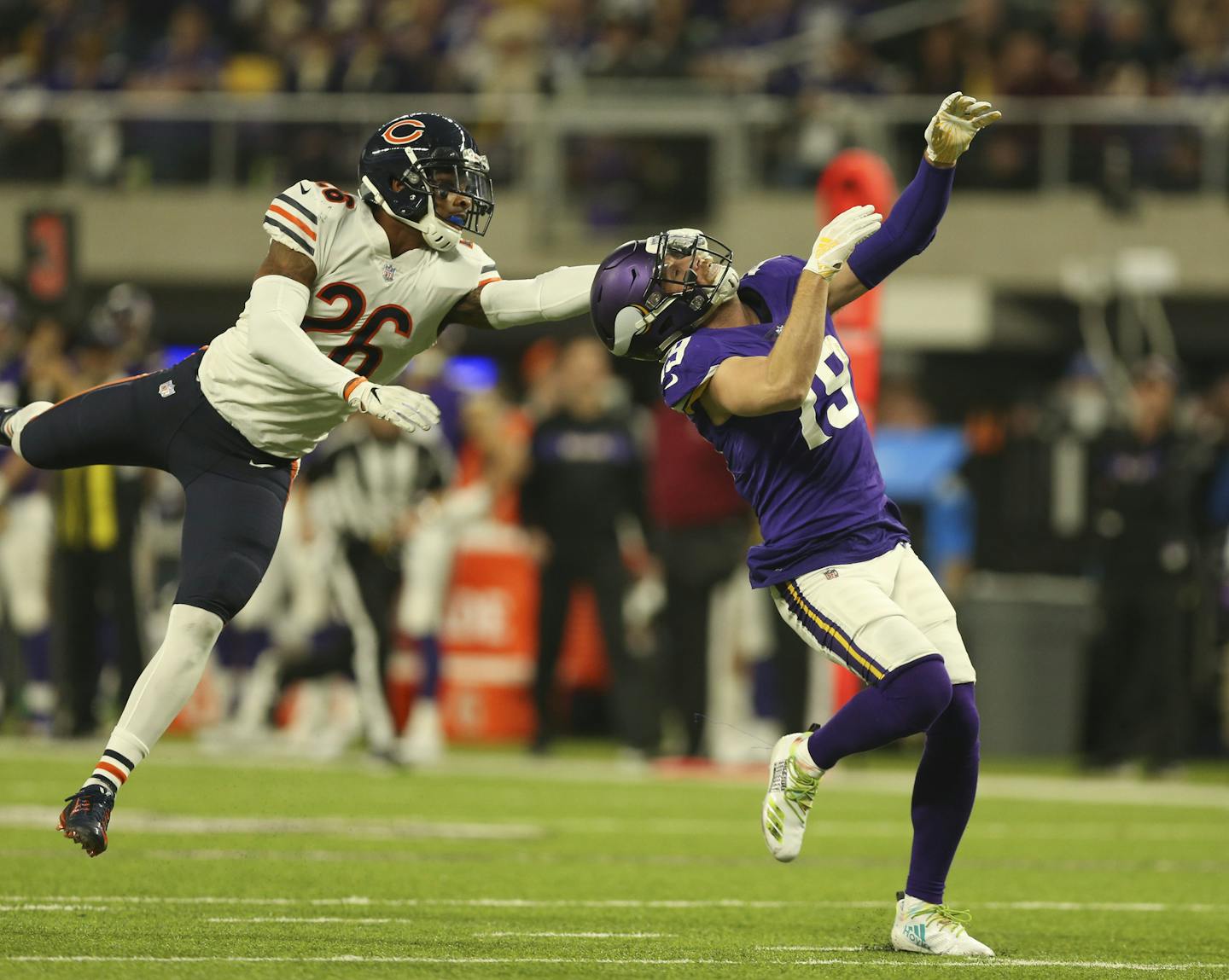 Chicago Bears defensive back Deon Bush (26) was called for a facemask penalty on Minnesota Vikings wide receiver Adam Thielen (19), helping set up a late second quarter field goal. ] JEFF WHEELER &#x2022; jeff.wheeler@startribune.com The Minnesota Vikings faced the Chicago Bears in an NFL football game Sunday afternoon, December 30, 2018 at U.S. Bank Stadium in Minneapolis.