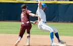 MaKenna Partain tags a UCLA baserunner during Thursday's loss to UCLA.
