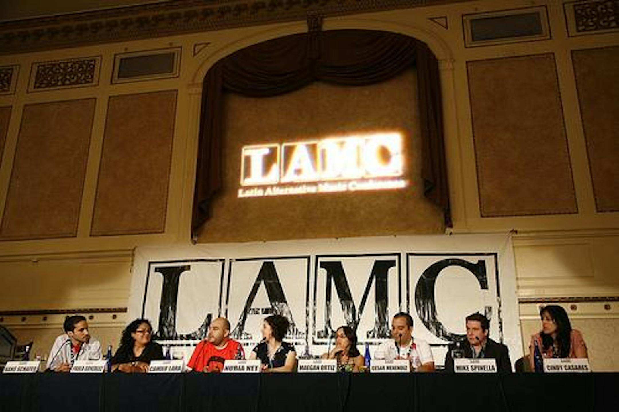 A panel discussion being held at the 10th Latino Alternative Music Conference held at the Roosevelt Hotel
