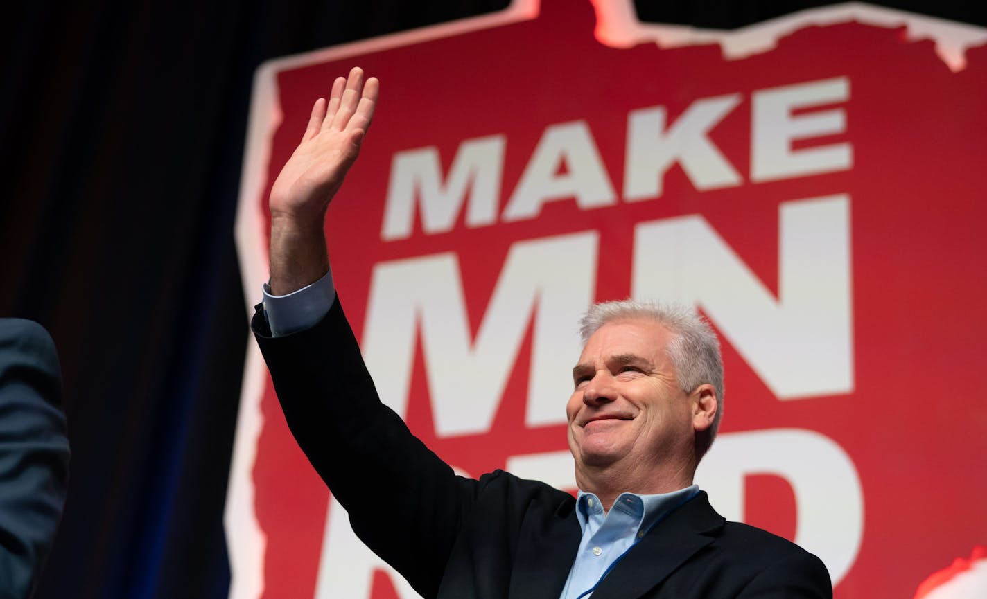 Republican U.S. Rep. Tom Emmer spoke at the second day of the Republican state convention in Duluth. ] GLEN STUBBE &#x2022; glen.stubbe@startribune.com Saturday, June 2, 2018 Minnesota Democrats and Republicans alike endorse candidates for governor Sunday at their respective state conventions, the marquee fight in Minnesota's momentous election year. The GOP endorsement won't head off an August primary, with former Gov. Tim Pawlenty not competing for the party nod; the DFL will try to unite arou