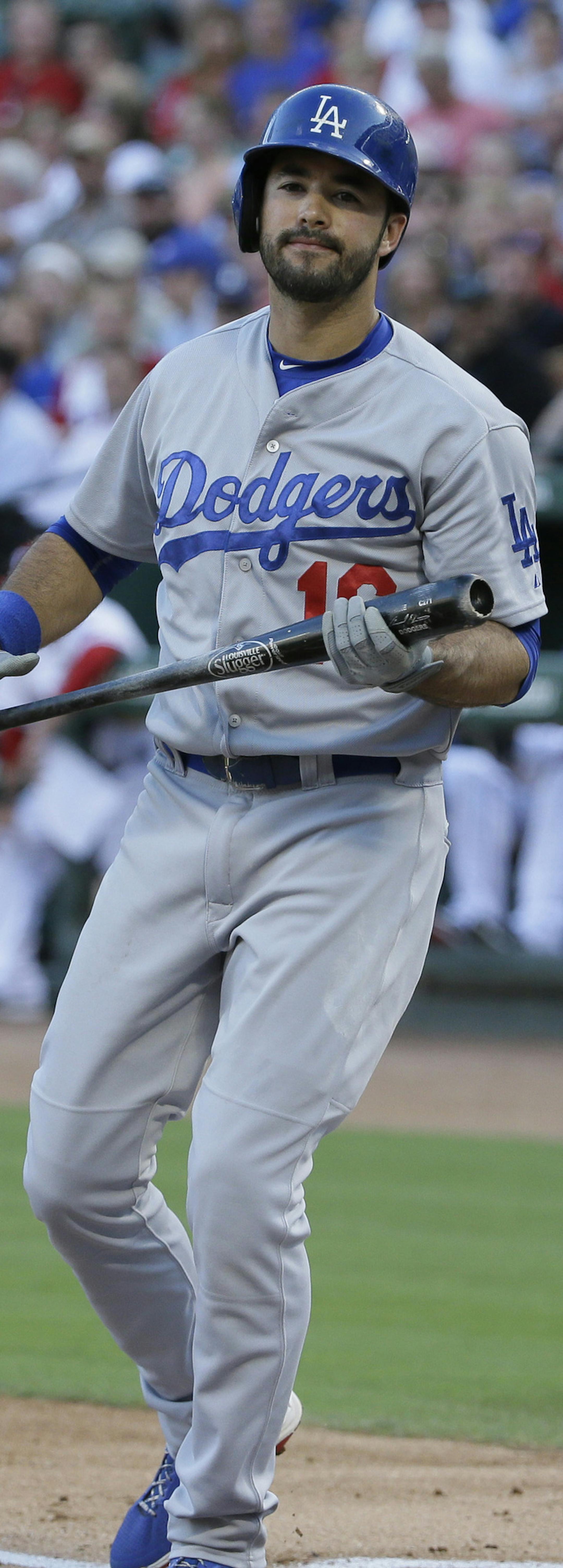 Los Angeles Dodgers Andre Ethier during an at batt in the first inning of a baseball game against the Texas Rangers in Arlington, Texas, Monday, June 15, 2015. (AP Photo/LM Otero)
