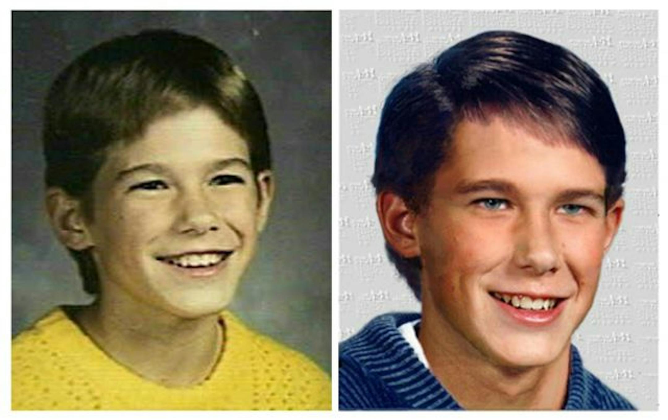 Jacob Wetterling Left: Age at Disappearance: 10 yrs (10/22/89) Right: Photo on right is age progression by National Center for Missing and Exploited Children.