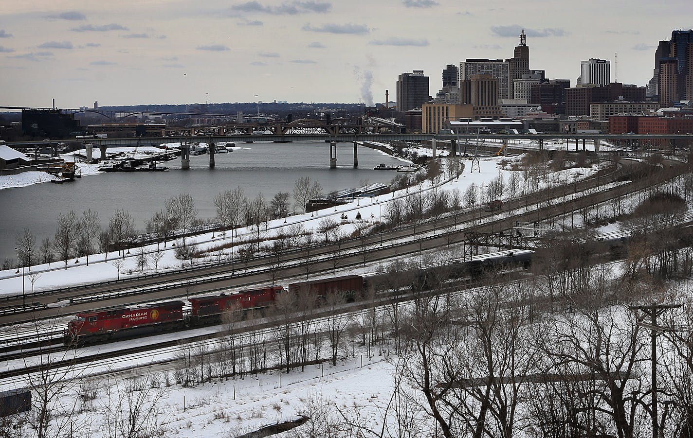 Canadian Pacific has seen a dramatic increase in crude oil shipments in tank cars. This crude-only unit train passed through St. Paul last week. Unit trains of up to 120 cars are loaded with crude at terminals in North Dakota and Canada.