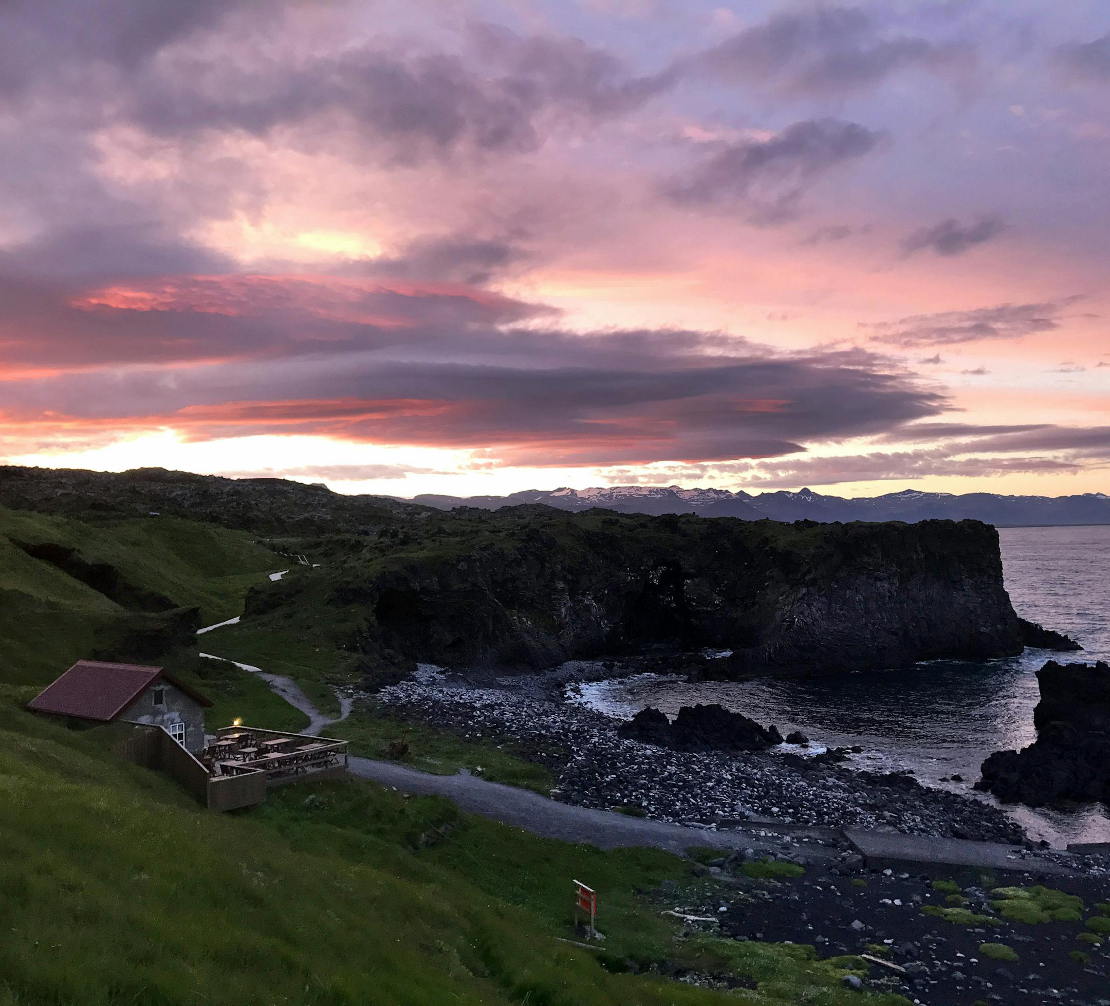 The sun starts to set after midnight in the westernmost part of the Snaefellsnes Peninsula, home to the Bjarnarhofn Shark Museum. MUST CREDIT: Washington Post photo by Karly Domb Sadof.