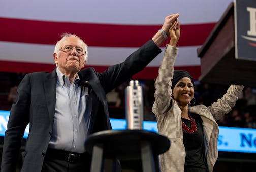 Sen. Bernie Sanders and Rep. Ilhan Omar at a Sanders rally at Williams Arena in Minneapolis on Sunday, Nov. 3, 2019.