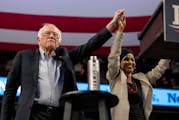 Sen. Bernie Sanders and Rep. Ilhan Omar at a Sanders rally at Williams Arena in Minneapolis on Sunday, Nov. 3, 2019.