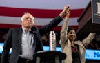 Sen. Bernie Sanders and Rep. Ilhan Omar at a Sanders rally at Williams Arena in Minneapolis on Sunday, Nov. 3, 2019.