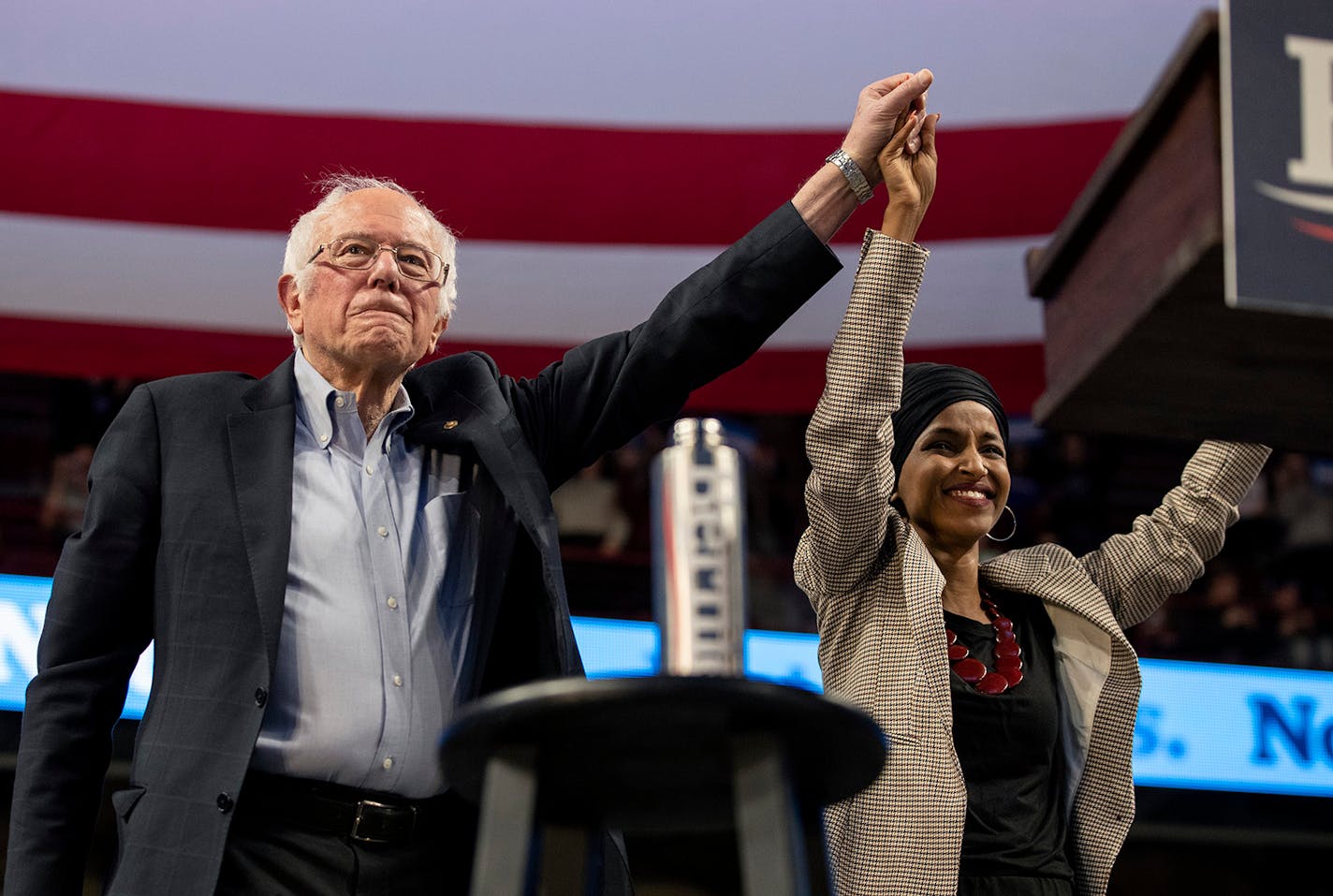 Sen. Bernie Sanders and Rep. Ilhan Omar at a Sanders rally at Williams Arena in Minneapolis on Sunday, Nov. 3, 2019.