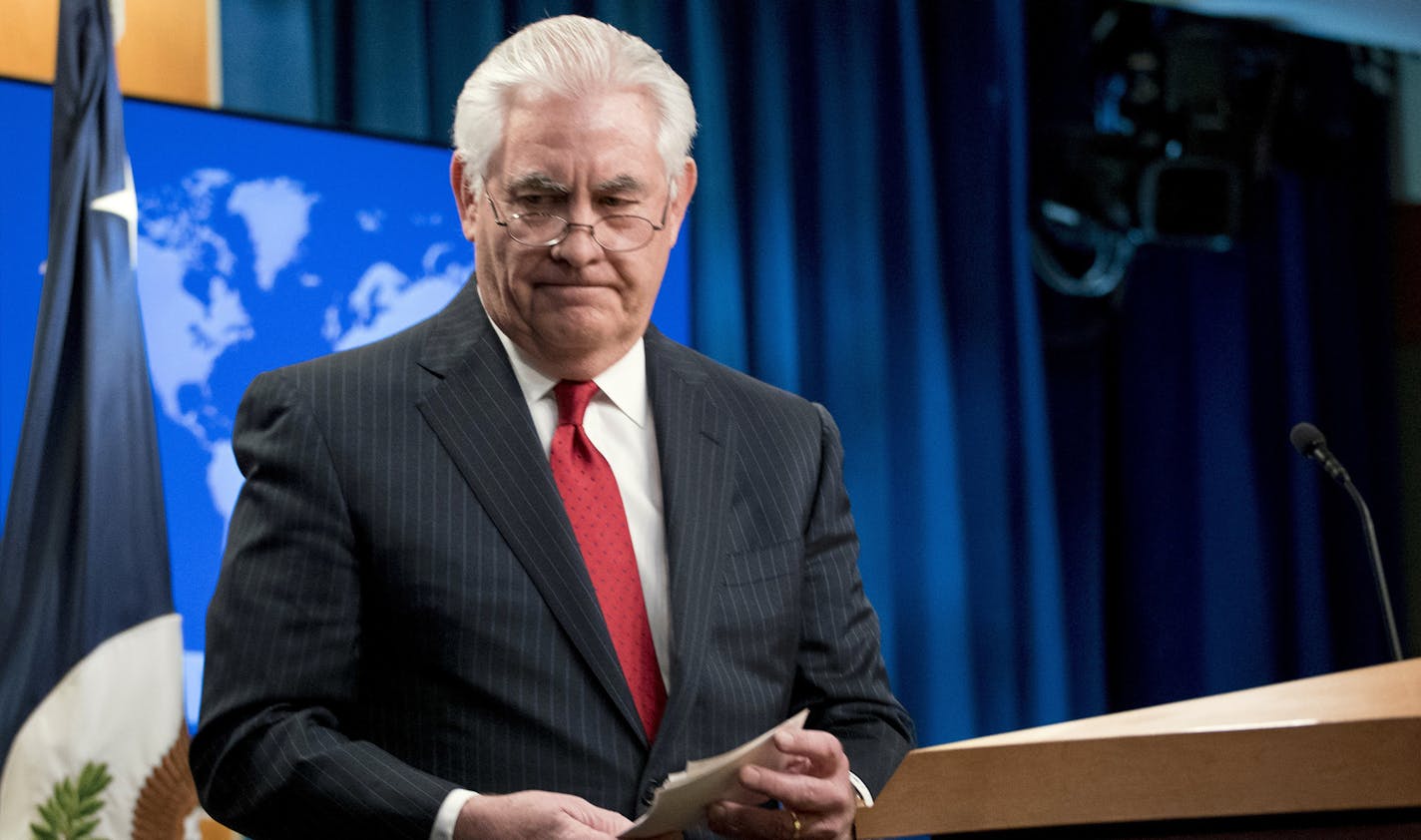 Secretary of State Rex Tillerson steps away from the podium after speaking at a news conference at the State Department in Washington, Tuesday, March 13, 2018. Trump fired Secretary of State Rex Tillerson on Tuesday and said he would nominate CIA Director Mike Pompeo to replace him, in a major staff reshuffle just as Trump dives into high-stakes talks with North Korea. (AP Photo/Andrew Harnik)