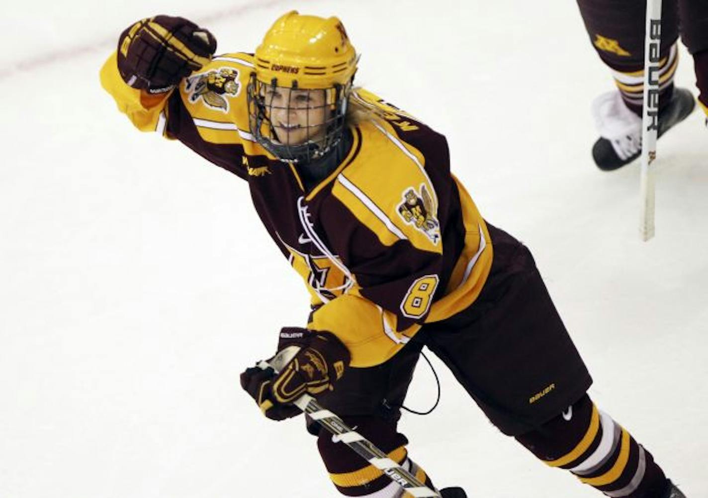 Minnesota's Amanda Kessel celebrates' her first of three goals on the night during first period action of Minnesota's 4-2 win over UMD.