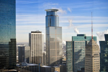 The Minneapolis skyline, including Capella Tower (center), pictured in 2018. Lender MetLife has retaken control of the office building. ] GLEN STUBBE 