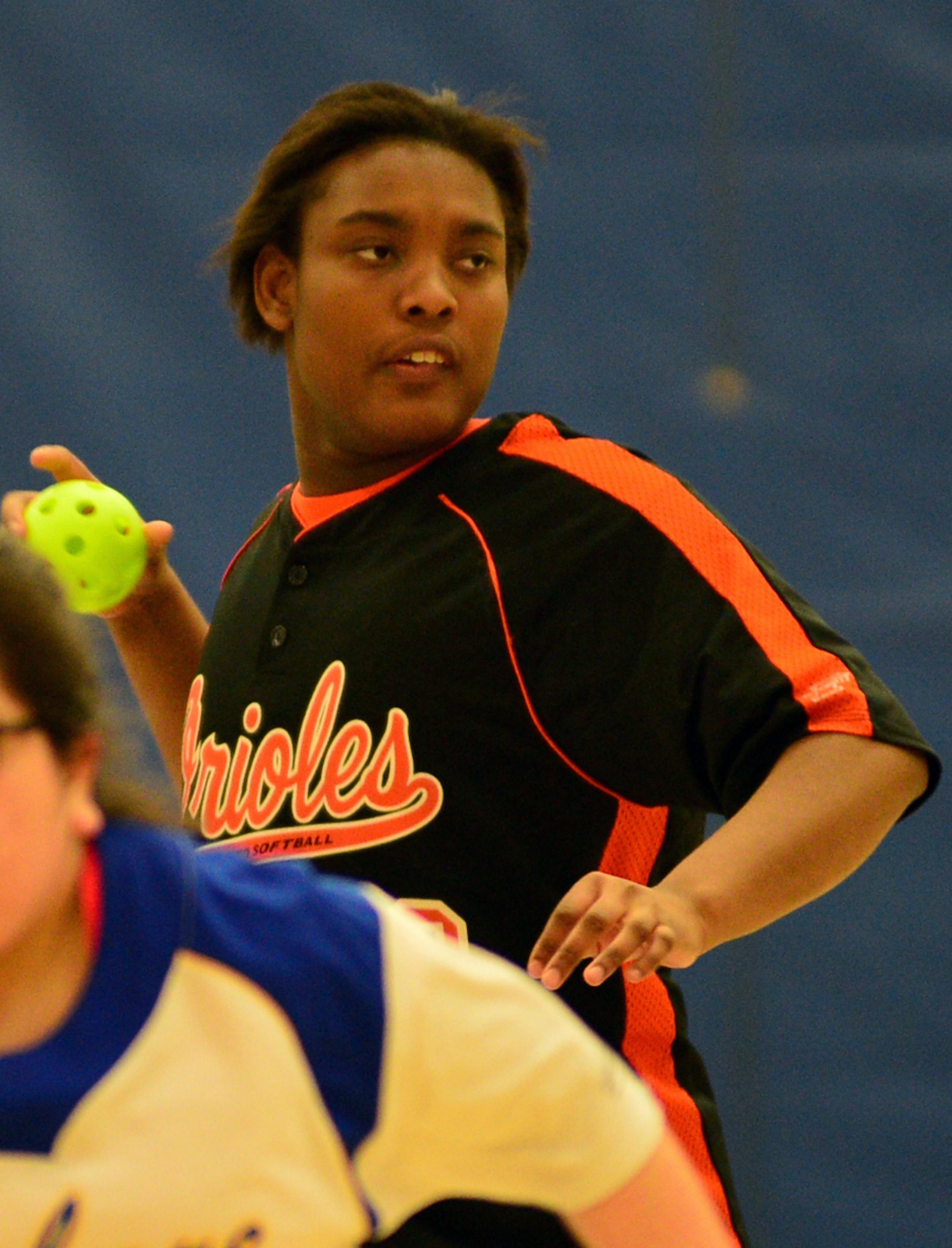 Osseo adapted softball player Tasha during game action at Wayzata High. She sat on the bench with Alex Kreidler on the left and Tulio Nichlas] Richard.Sennott@startribune.com Richard Sennott/Star Tribune Plymouth Minn. Wednesday 4/23/2014) ** (cq)