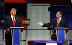 Donald Trump and Sen. Ted Cruz spar over questions about the Texas senator's citizenship during the Republican presidential primary debate, at the Nor
