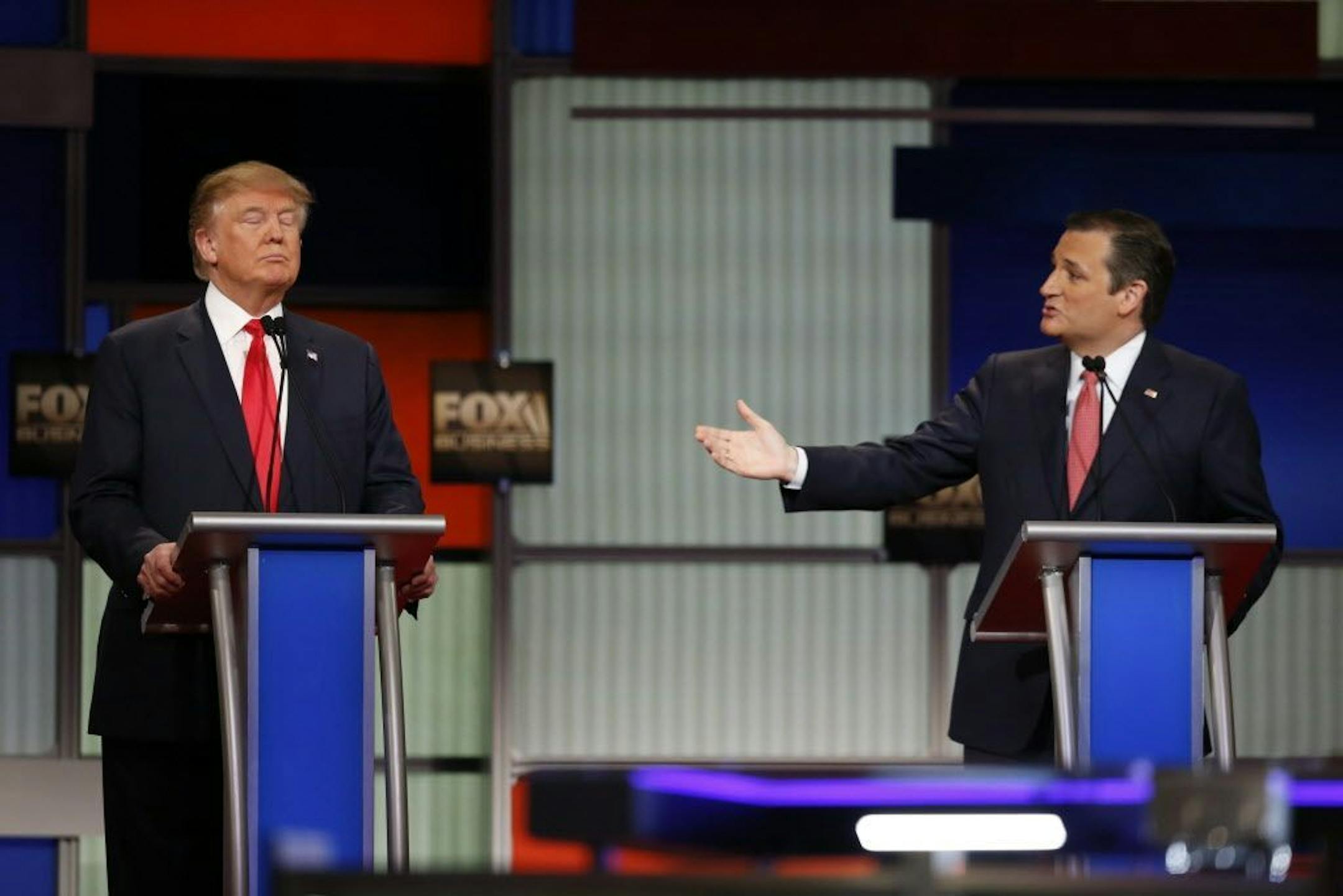 Donald Trump and Sen. Ted Cruz spar over questions about the Texas senator's citizenship during the Republican presidential primary debate, at the North Charleston Coliseum in North Charleston, S.C., Jan. 14, 2016. Trump, the morning after the latest Republican presidential debate, made clear that his friendship with Cruz was on the rocks. He described Cruz as "strident" and called his characterization of New York City "disgraceful."