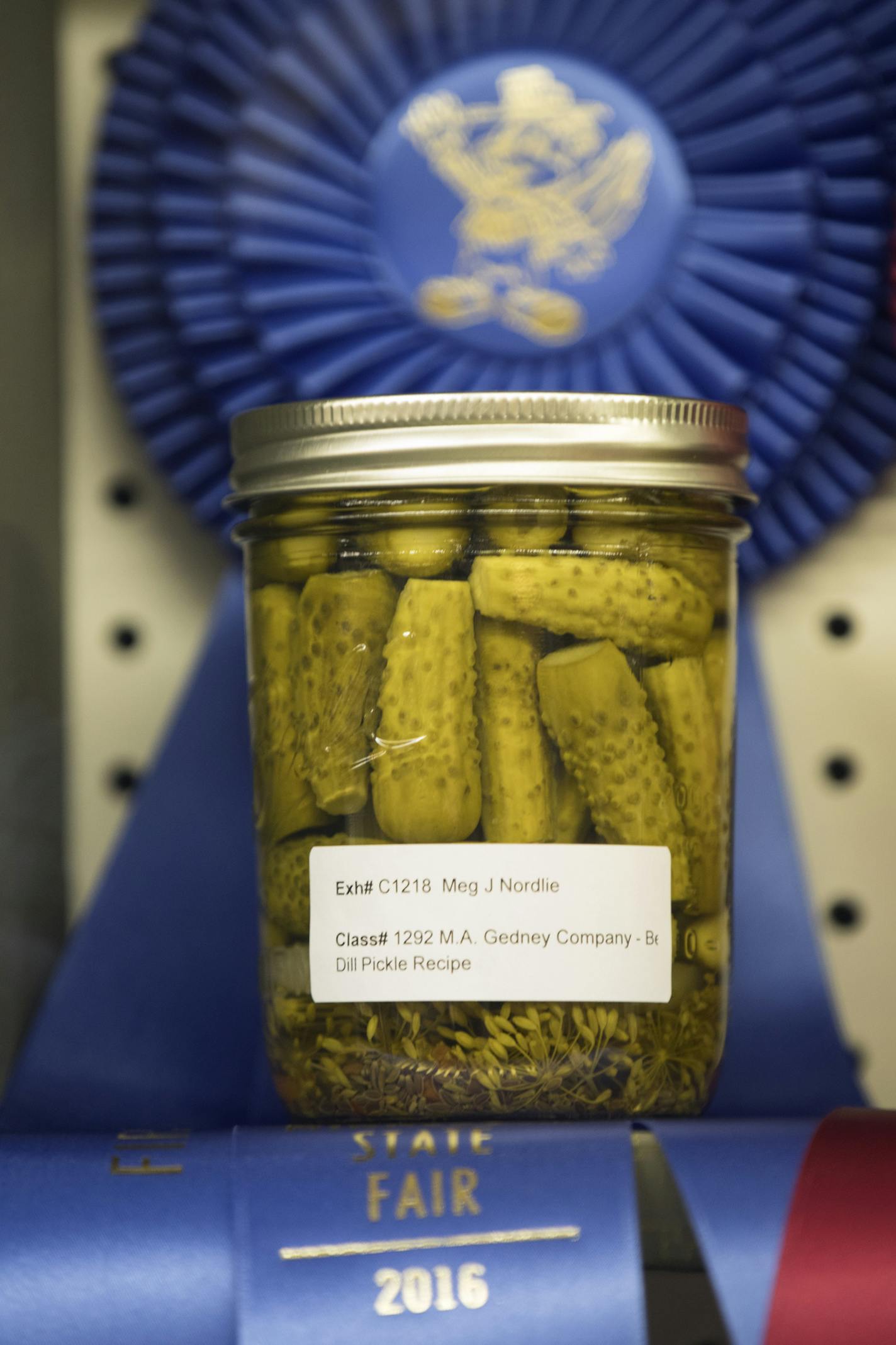 The blue ribbon winning dill pickles. ] (Leila Navidi/Star Tribune) leila.navidi@startribune.com BACKGROUND INFORMATION: The Minnesota State Fair on Thursday, August 25, 2016.