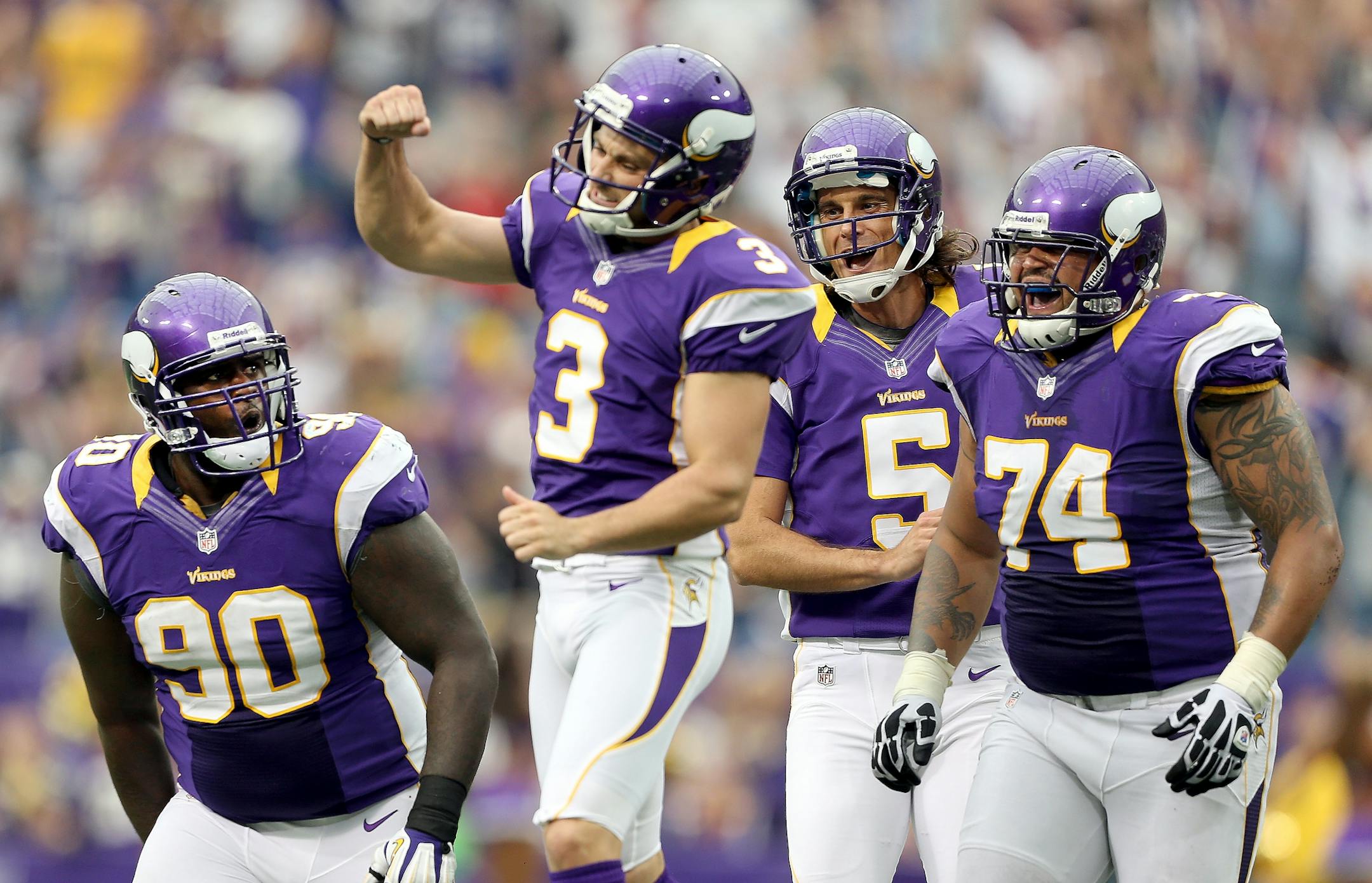 Minnesota Vikings Blair Walsh celebrated after he kicked a 55- yard field goal to tie the game in the final seconds of regulation to send the game into overtime.