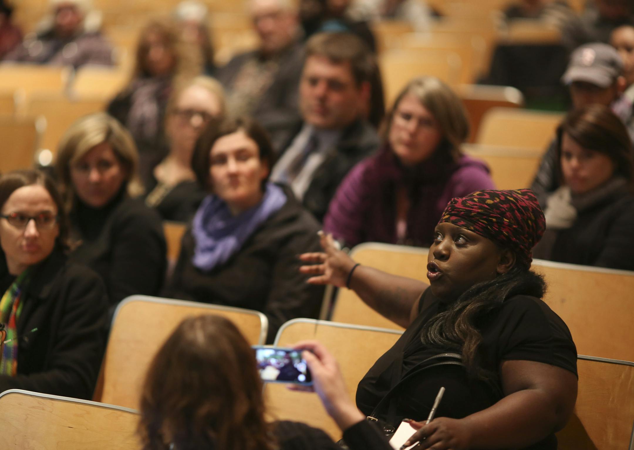Aniya Beckom, mother of a student at the school who reported an incident with the janitor in 2011, expressed concern that the incident her child reported wasn't taken seriously enough. ] JEFF WHEELER ‚Ä¢ jeff.wheeler@startribune.com Parents vented concerns and questions Monday night, March 24, 2014 about a custodian at Linwood Arts Plus Elementary who allegedly peeked at a boy in a bathroom stall. The meeting was held at the St. Paul school.