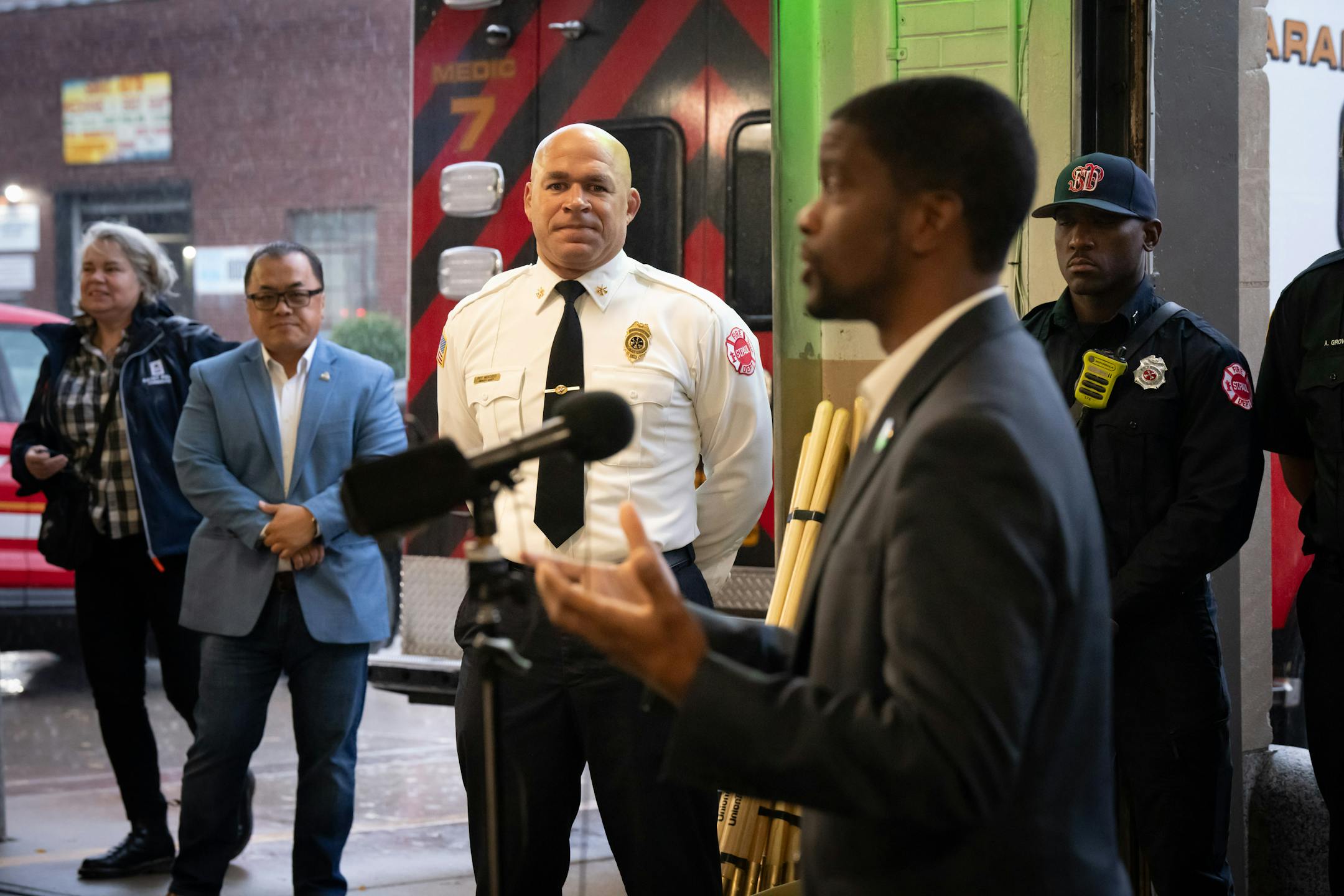 Deputy Chief Roy Mokosso listened as St. Paul Mayor Melvin Carter talked about the new station.