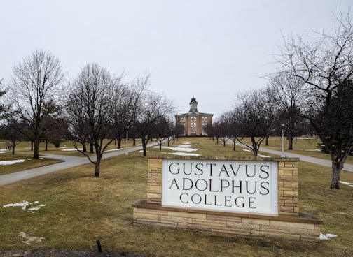 Gustavus Adolphus College in St. Peter, MN. Gustavus Adolphus College was hit by a tornado in 1998 destroying 2,000 trees and 80 percent of the windows on campus buildings. ] CARLOS GONZALEZ &#xef; cgonzalez@startribune.com &#xf1; March 26, 2018, 20 the anniversary of Tornado that hit Minnesota River Valley in March 1998 hitting St. Peter and Comfrey, a city of 40.