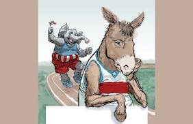 300 dpi Jeff Durham color illustration of elephant and donkey (in their traditional political context); on a racetrack, the donkey is a bit glum and t