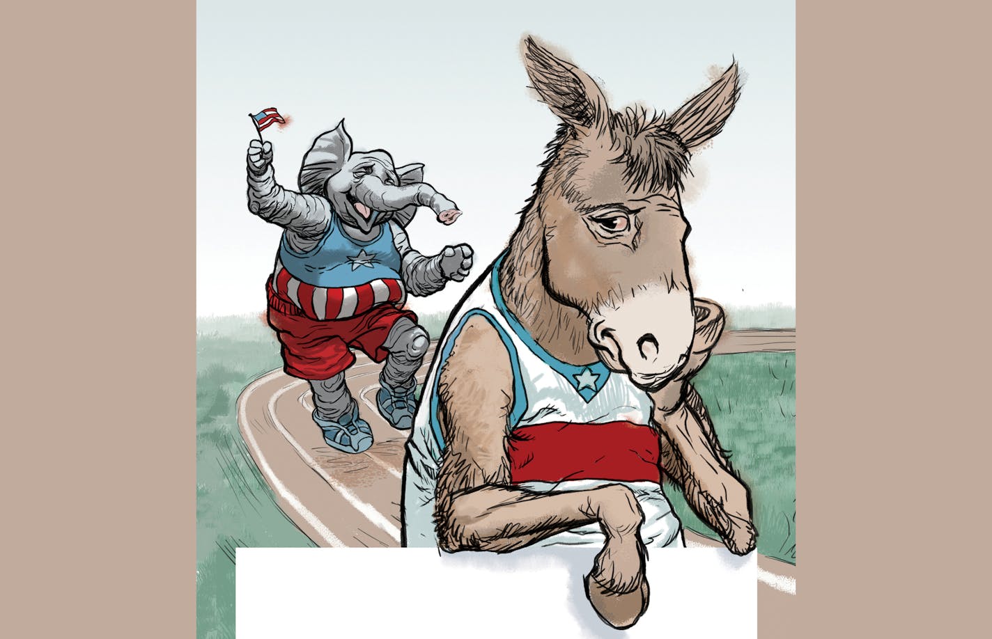 300 dpi Jeff Durham color illustration of elephant and donkey (in their traditional political context); on a racetrack, the donkey is a bit glum and the elephant is cheerful. Contra Costa Times 2010<p> 11000000; krtcampus campus; krtgovernment government; krtnational national; krtpolitics politics; POL; krt; mctillustration; 11010001; 11024000; krtuspolitics; movement; nongovernment organization; party; contributed cc durham; democrat democratic; republican gop; krtnamer north america; u.s. us u