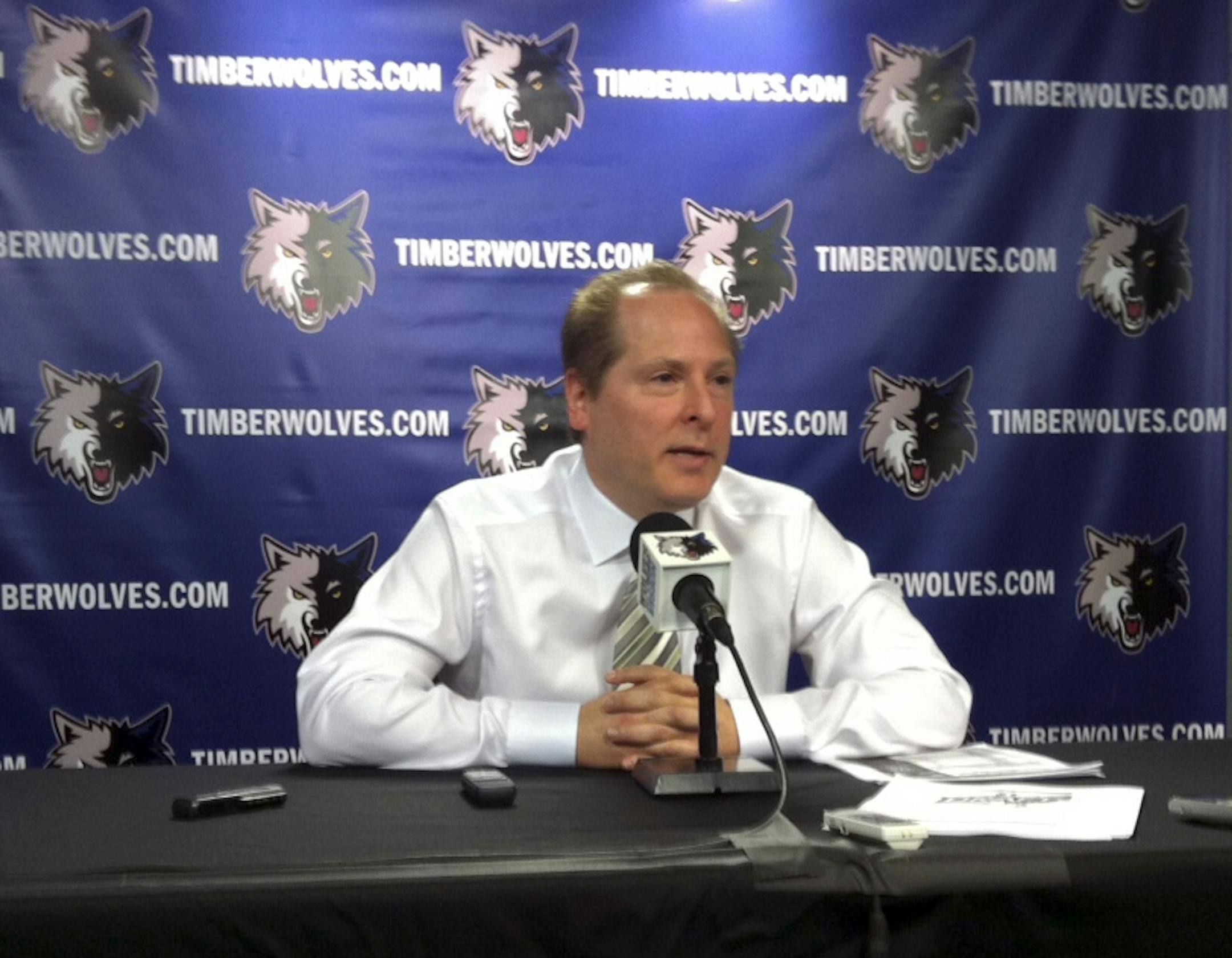 Timberwolves president of operations David Kahn spoke at a 'seasons end' press conference.
