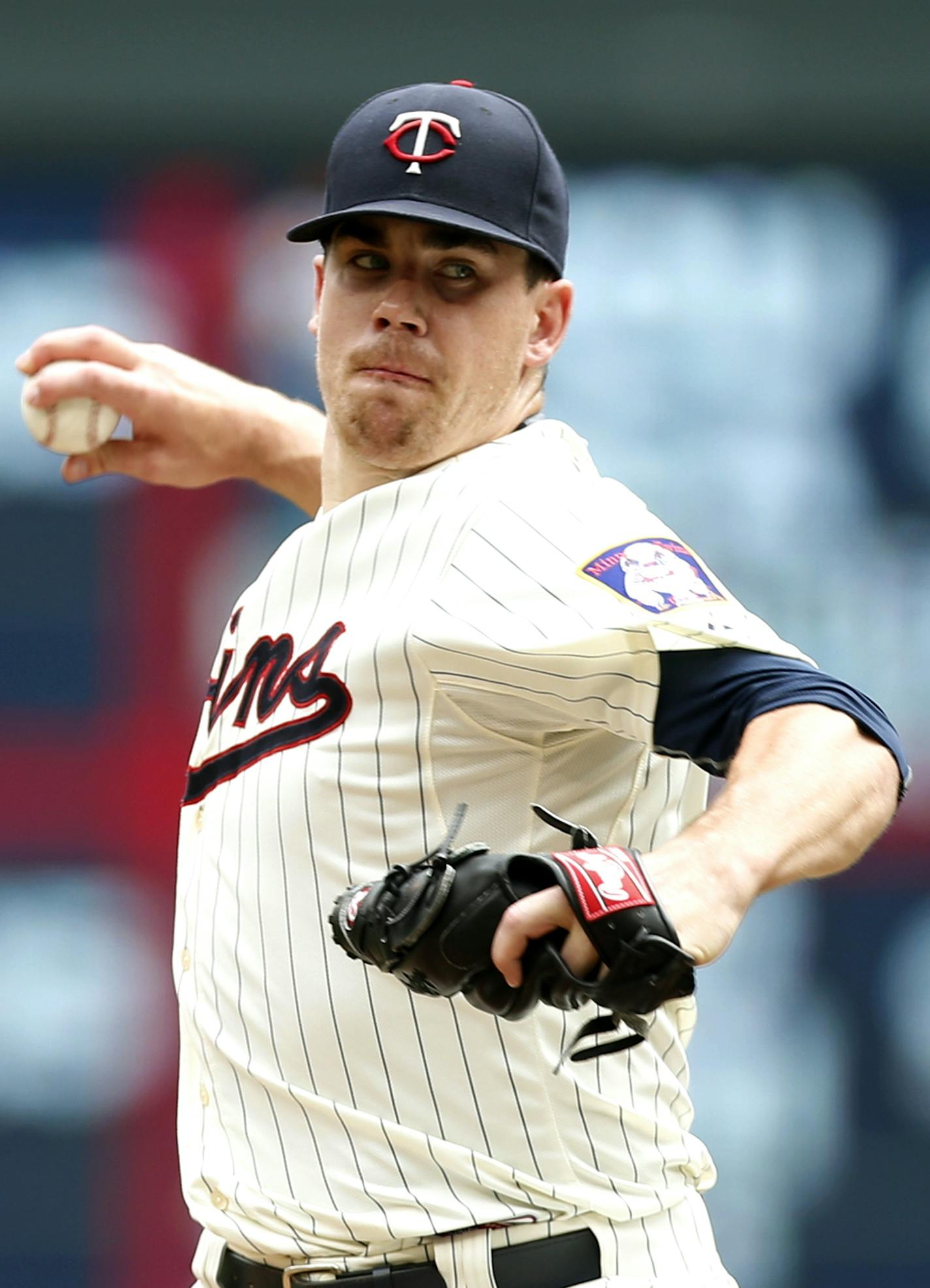 Minnesota Twins pitcher Trevor May throws against the Chicago Cubs in the first inning of a baseball game, Saturday, June 20, 2015, in Minneapolis. (AP Photo/Jim Mone)