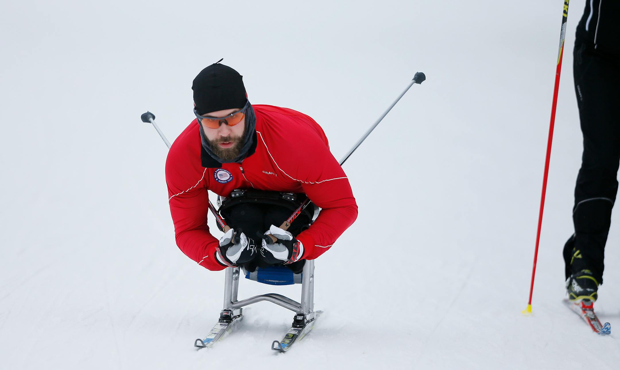 Park Rapids native Aaron Pike has been one of the top wheelchair marathoners in the U.S. for the past few years, and is now a member for the US. He now a member of the Paralympics cross country skiing team that practice Wednesday at Hyland Hills January 21, 2015 Bloomington, MN.] Jerry Holt/ Jerry.Holt@Startribune.com