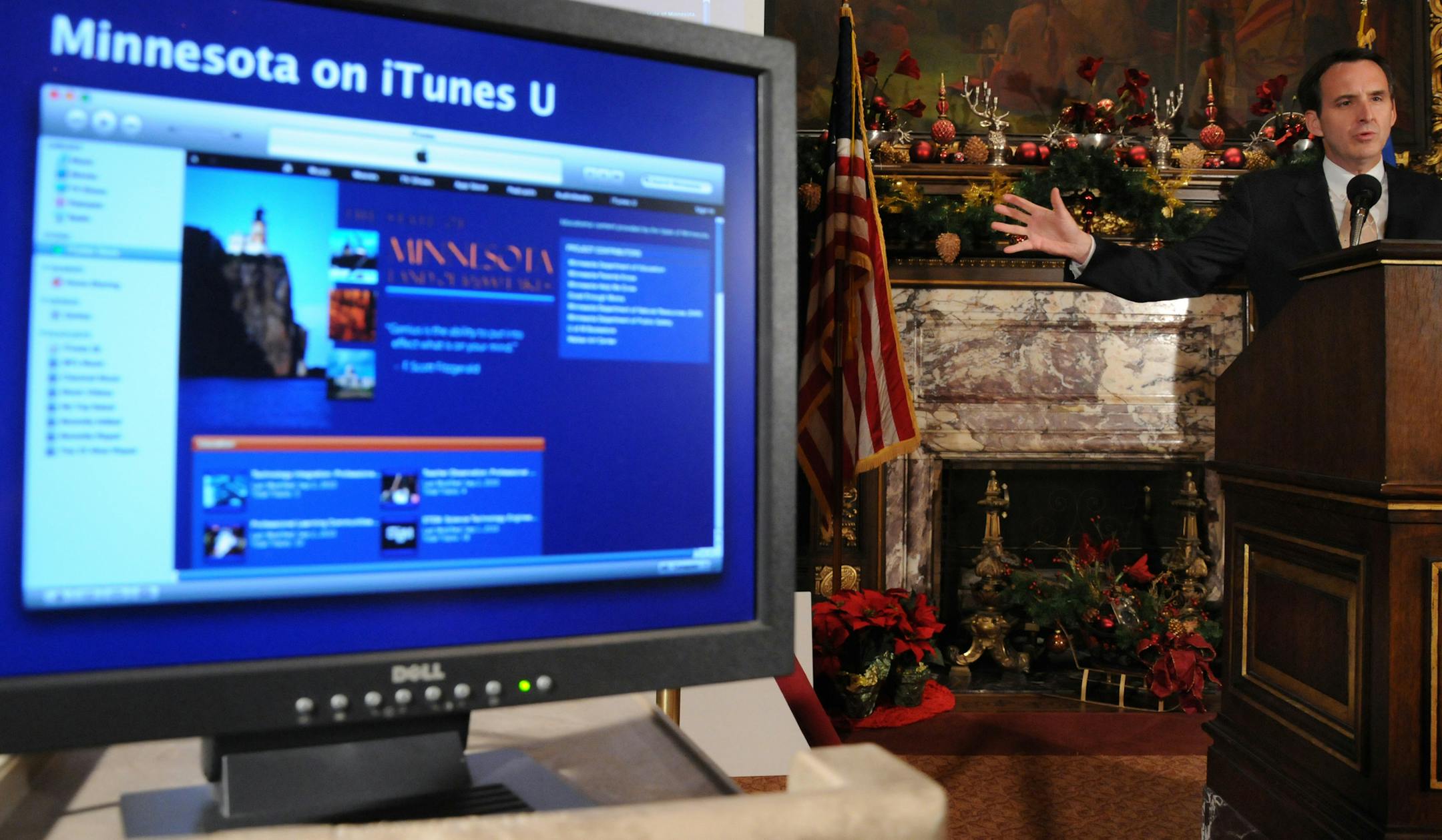 Richard Sennott&#x2022;rsennott@startribune.com] St Paul, Mn. 12/8/10 Gov. Tim Pawlenty announced that 30 more schools and districts are approved to implement the nation leading Q Comp Program.Pawlenty also talked about the launch of the Minnesota on itunes U website in the Governors Reception Room.The computer monitor shows the website that was introduced. ORG XMIT: MIN2013111519283687