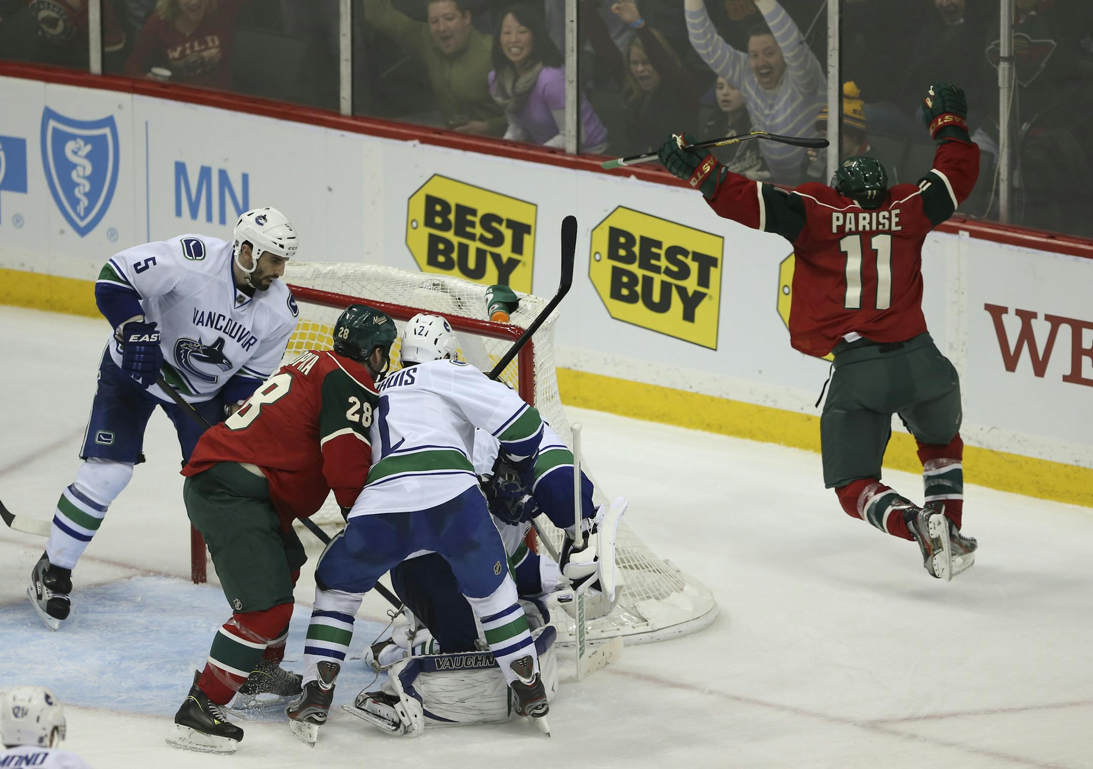The Minnesota Wild beat Northwest Division rival the Vancouver Canucks 4-2 in an NHL hockey game Sunday night, March 10, 2013 at Xcel Energy Center in St. Paul, Minn. The Wild's Zach Parise celebrated his third period goal, his second of the game, that put Minnesota ahead 4-2. ] JEFF WHEELER ‚Ä¢ jeff.wheeler@startribune.com