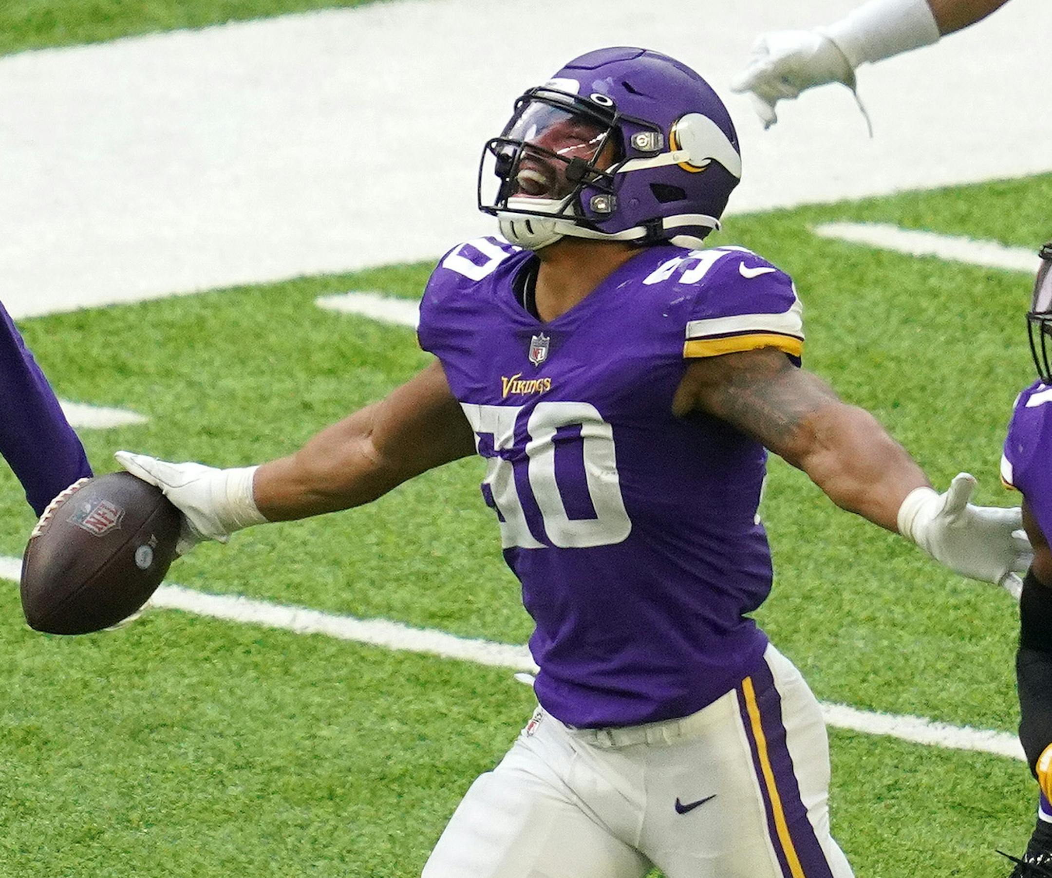Minnesota Vikings outside linebacker Eric Wilson (50) celebrated after making an interception in the third quarter. ] ANTHONY SOUFFLE • anthony.souffle@startribune.com The Minnesota Vikings played the Detroit Lions, sans fans to comply with state protocols meant to help slow the spread of COVID-19, Sunday, Nov. 8, 2020 at U.S. Bank Stadium in Minneapolis.