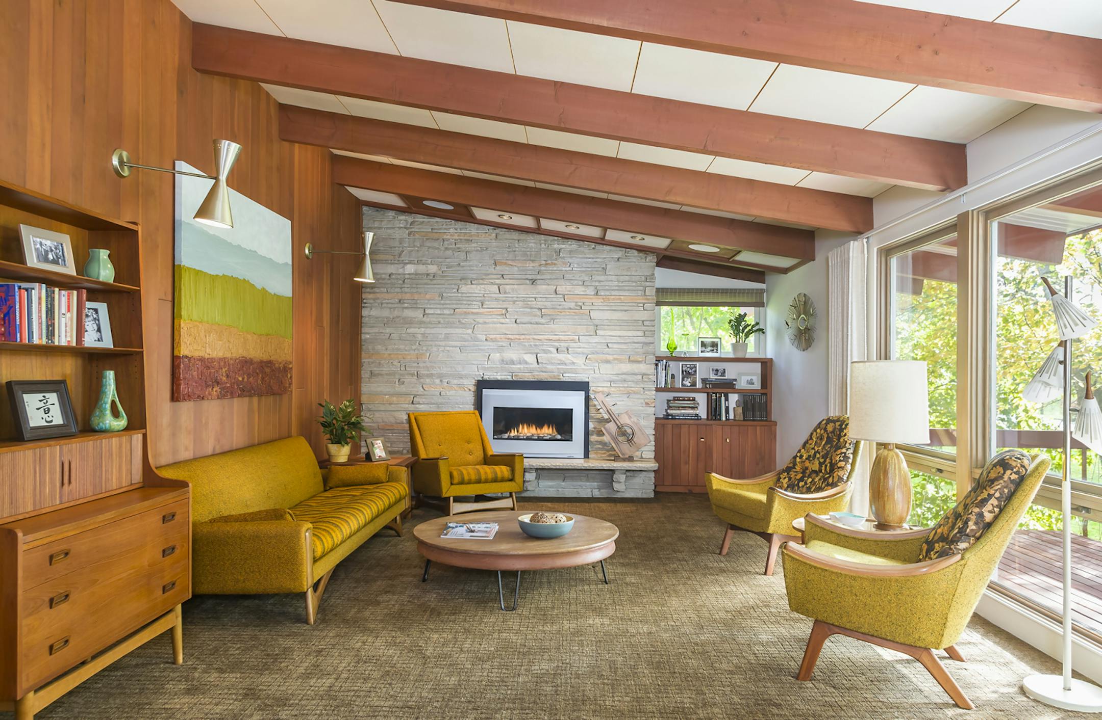 Andrea Rugg Photography "Golden Valley Midcentury Modern," living room of remodeled home, designed by Peterssen/Keller Architecture