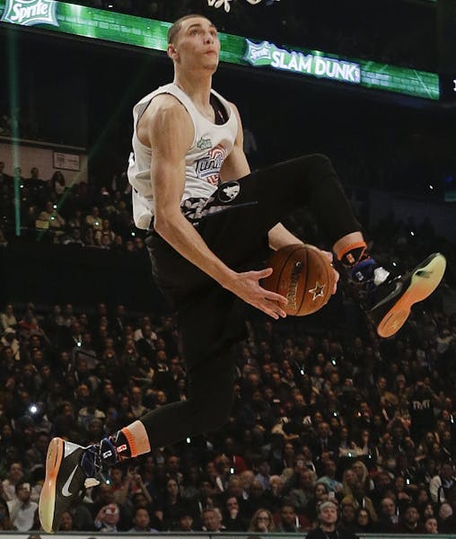 Minnesota Timberwolves' Zach LaVine competes during the NBA All-Star Saturday Slam Dunk basketball contest Saturday, Feb. 14, 2015, in New York. (AP P