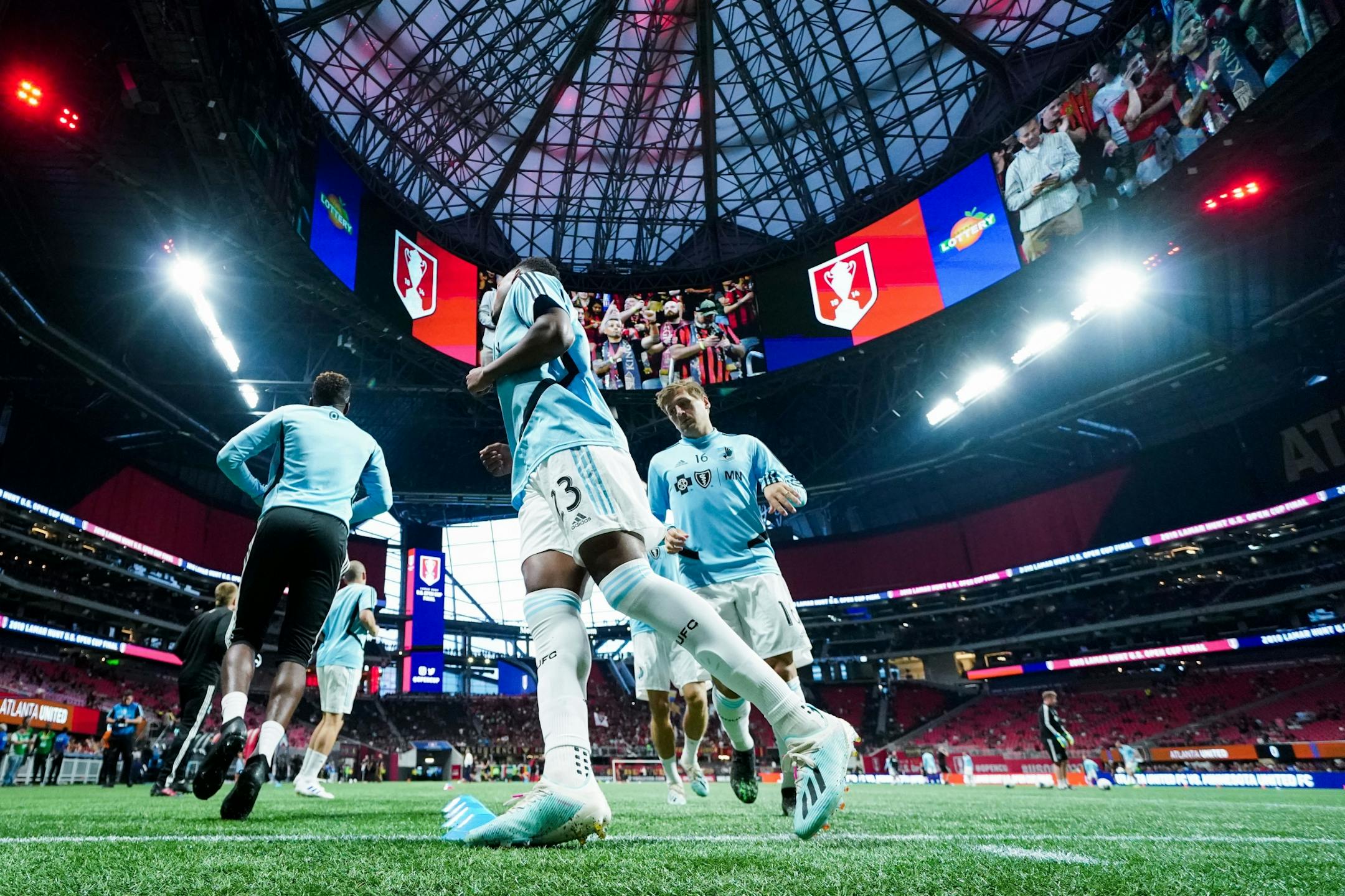 Minnesota United players warm up prior to the game against the Atlanta United for the U.S. Open Cup at Mercedes-Benz Stadium in Atlanta on Tuesday, Aug. 27, 2019. Photo by Kevin D. Liles for the Star Tribune